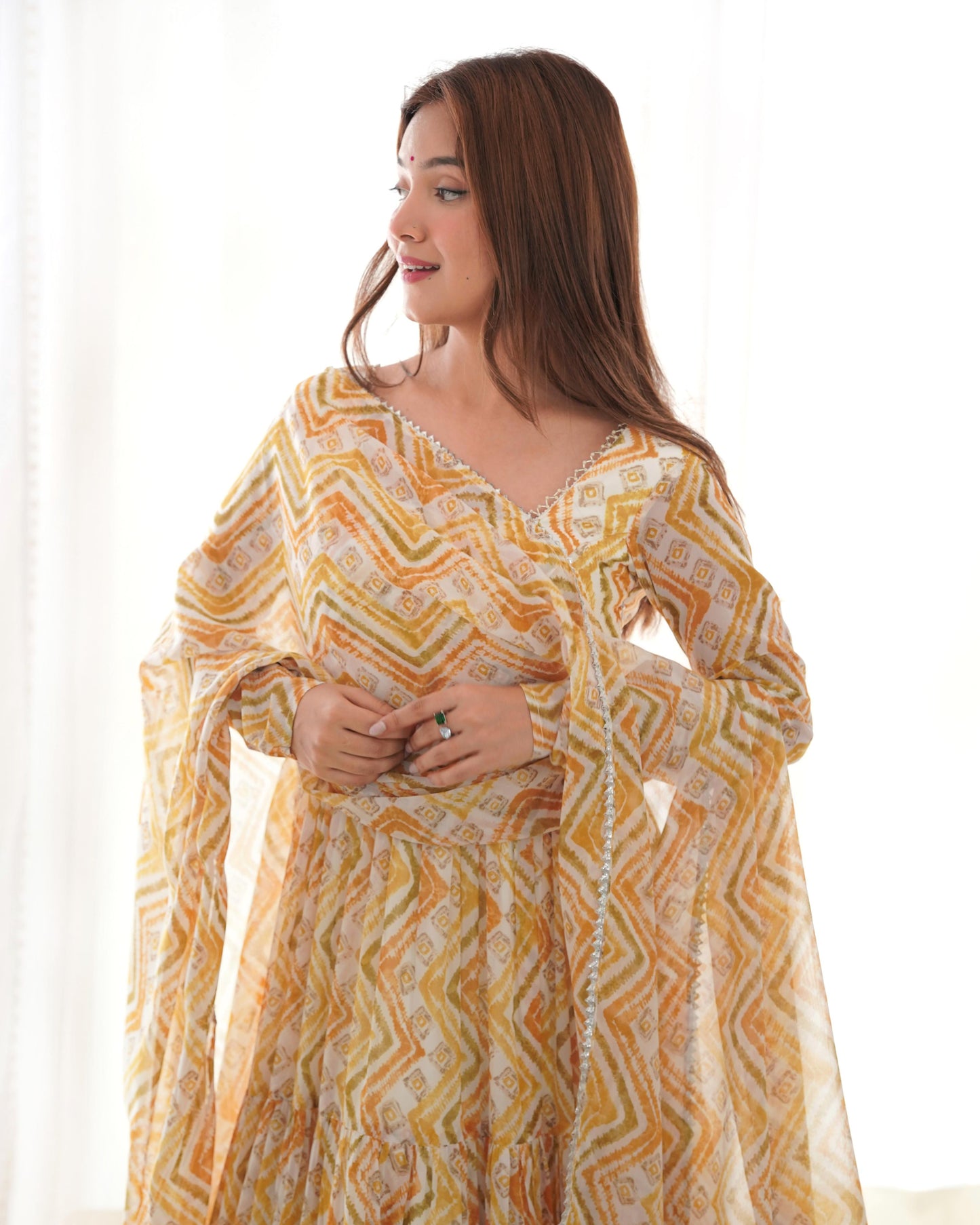 GRACEFUL GOLDEN YELLOW  ZIGZAG ANARKALI 3PC KURTA SET