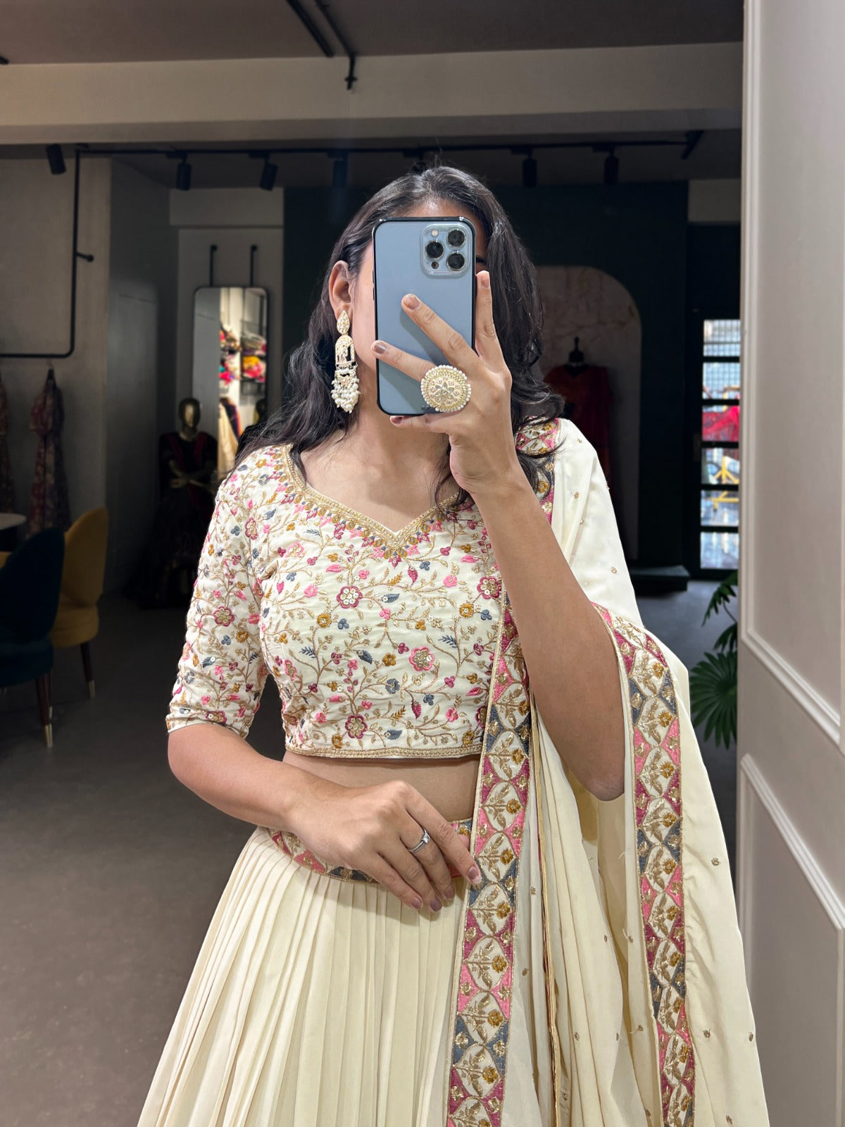 OFF WHITE VICHITRA SILK LEHENGA