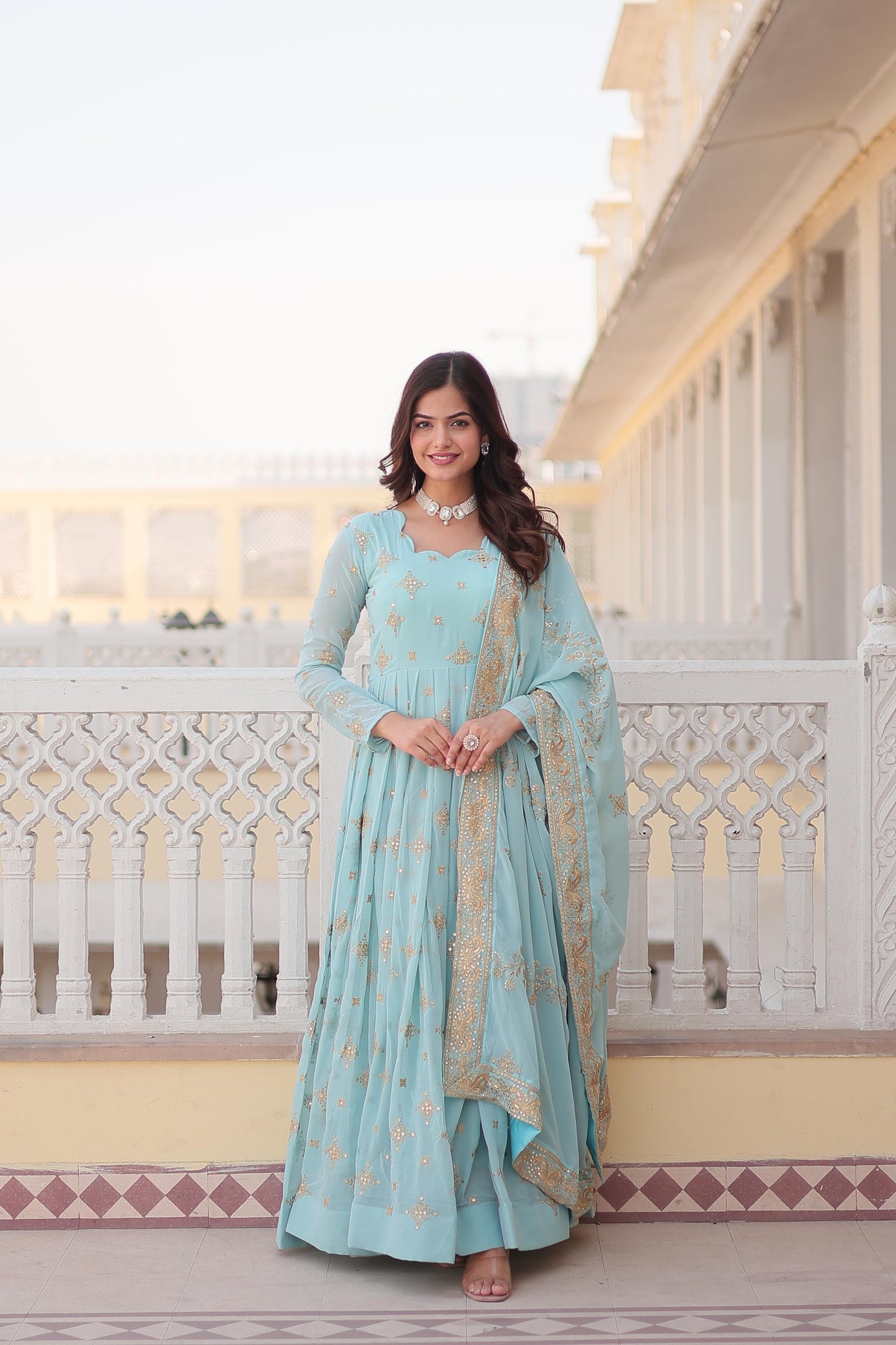 DESIGNER SKY  COLOR ZARI & SEQUINS EMBROIDERY ANARKALI GOWN WITH LACE BORDER DUPATTA