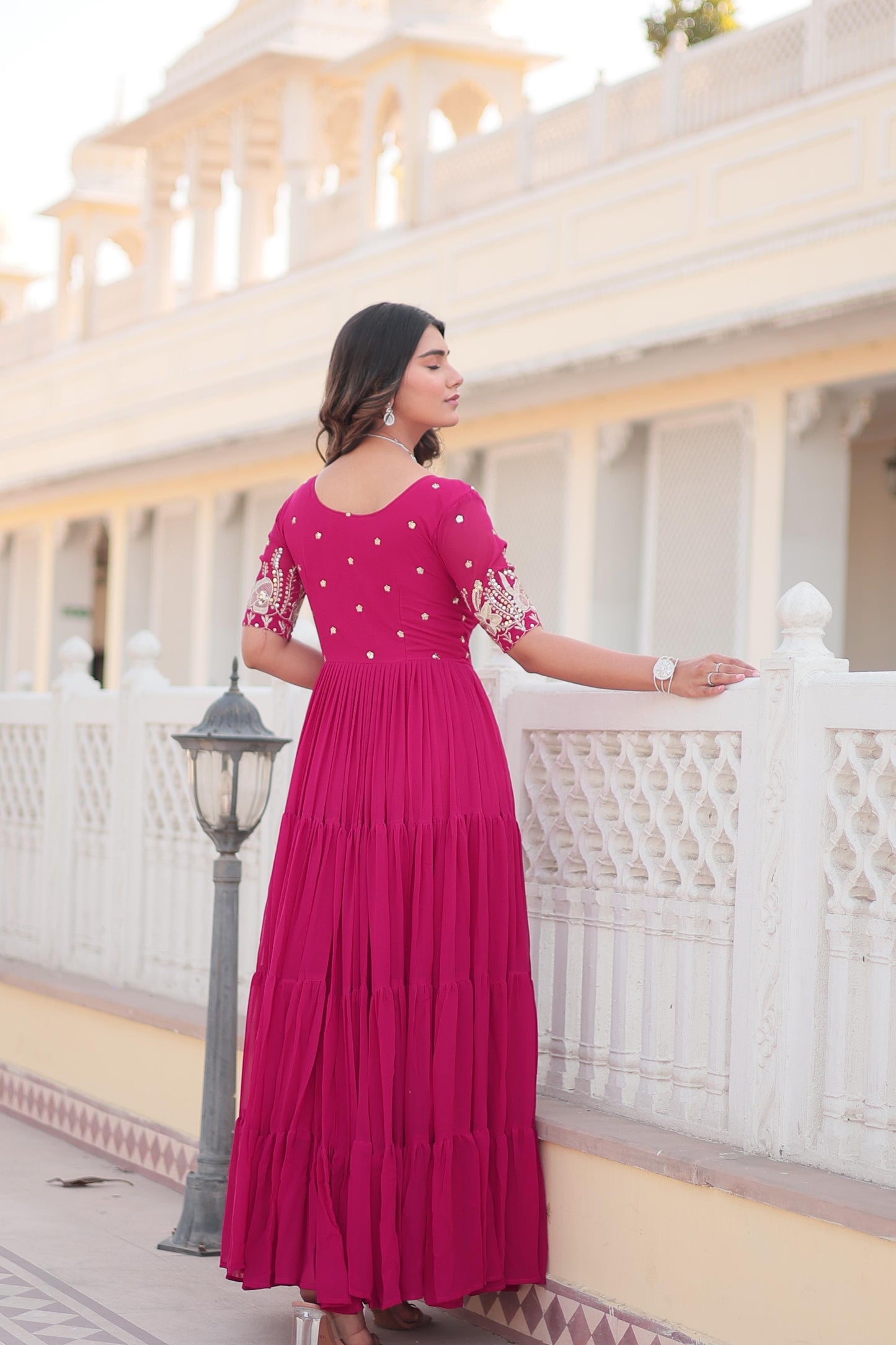 DEEP PINK ZARI -THREAD SEQUINS WORK  ANARKALI GOWN