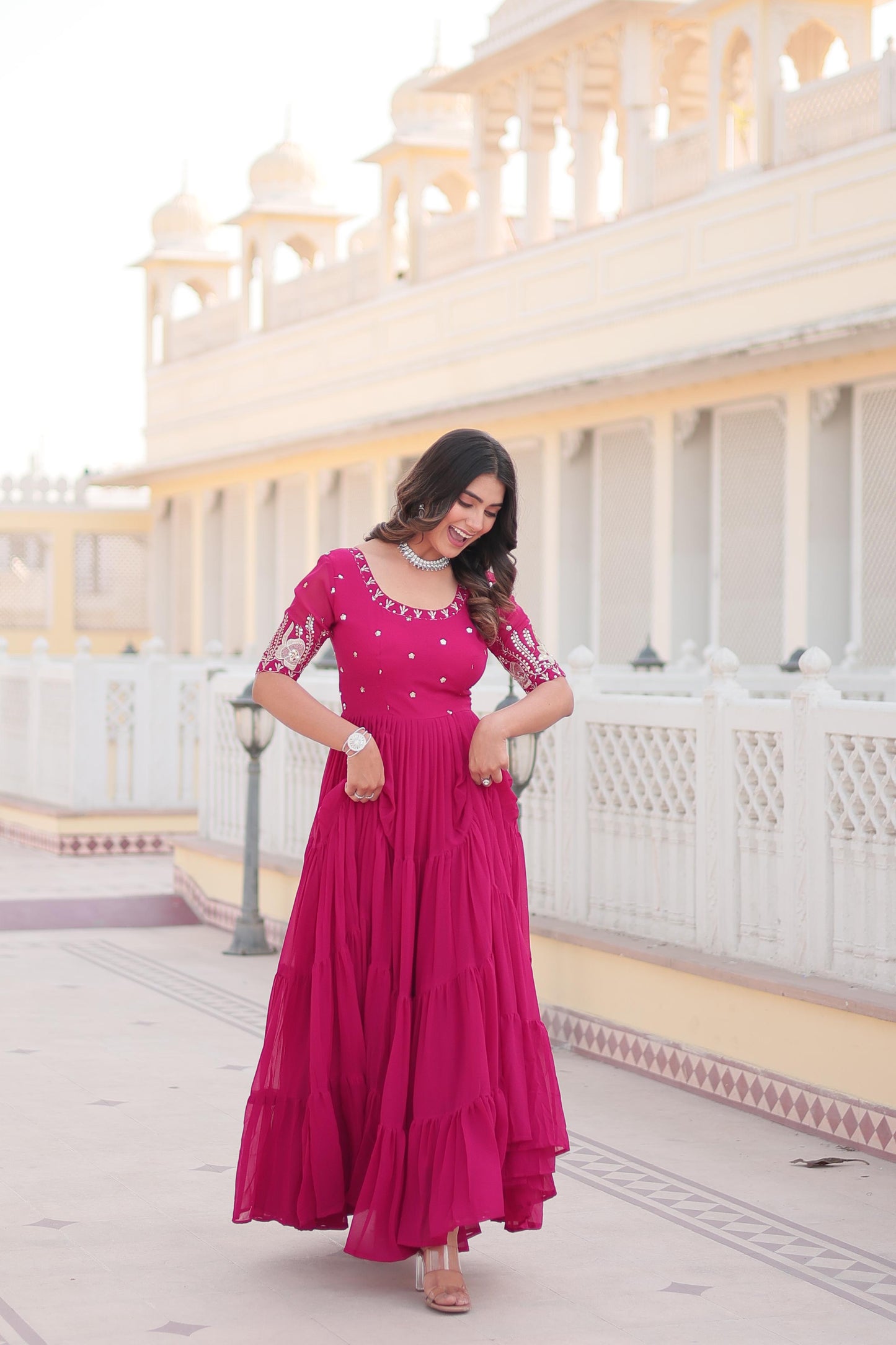 DEEP PINK ZARI -THREAD SEQUINS WORK  ANARKALI GOWN