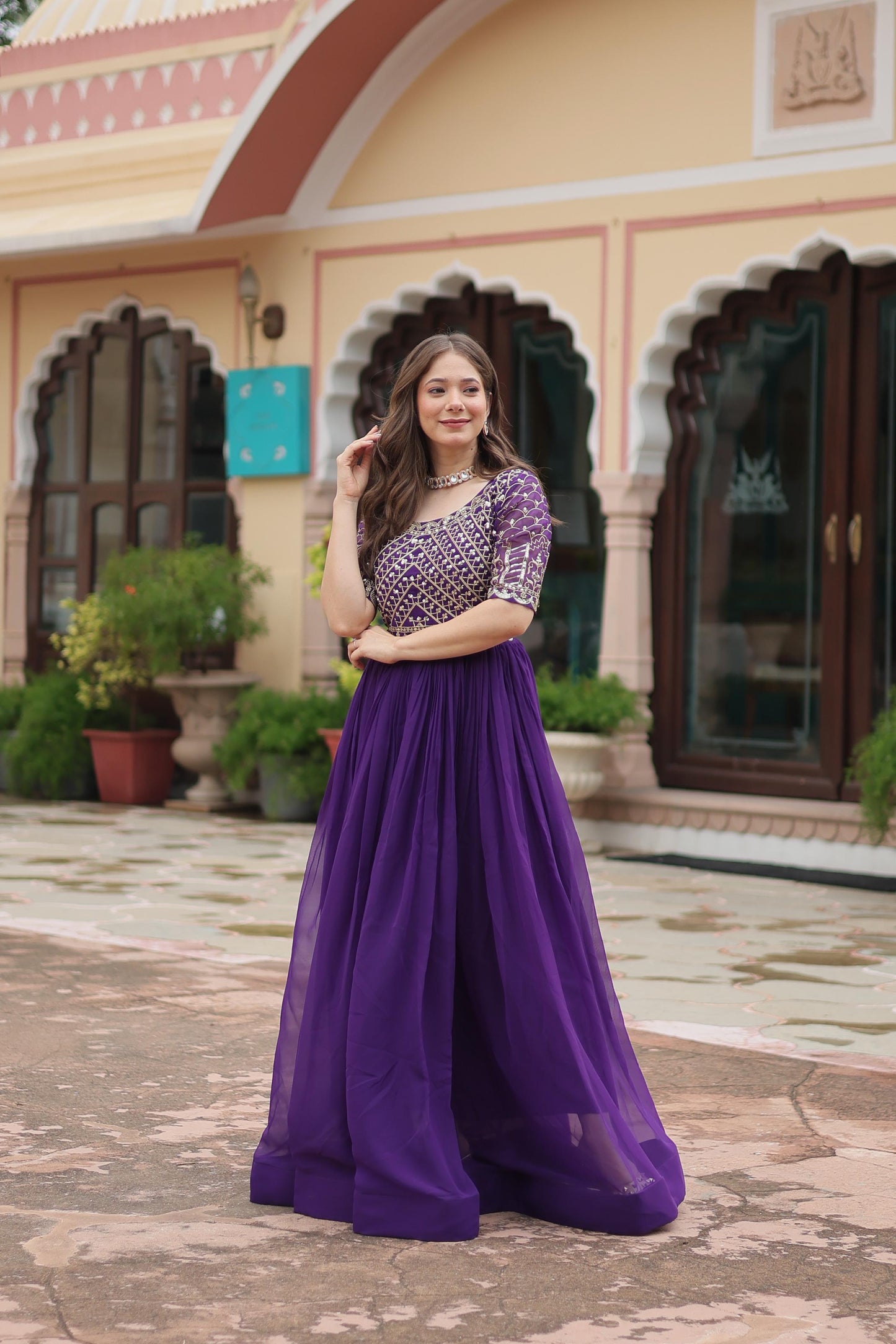 PURPLE COLOR FUX GEORGETTEB ZARI SHINE ANARKALI GOWN