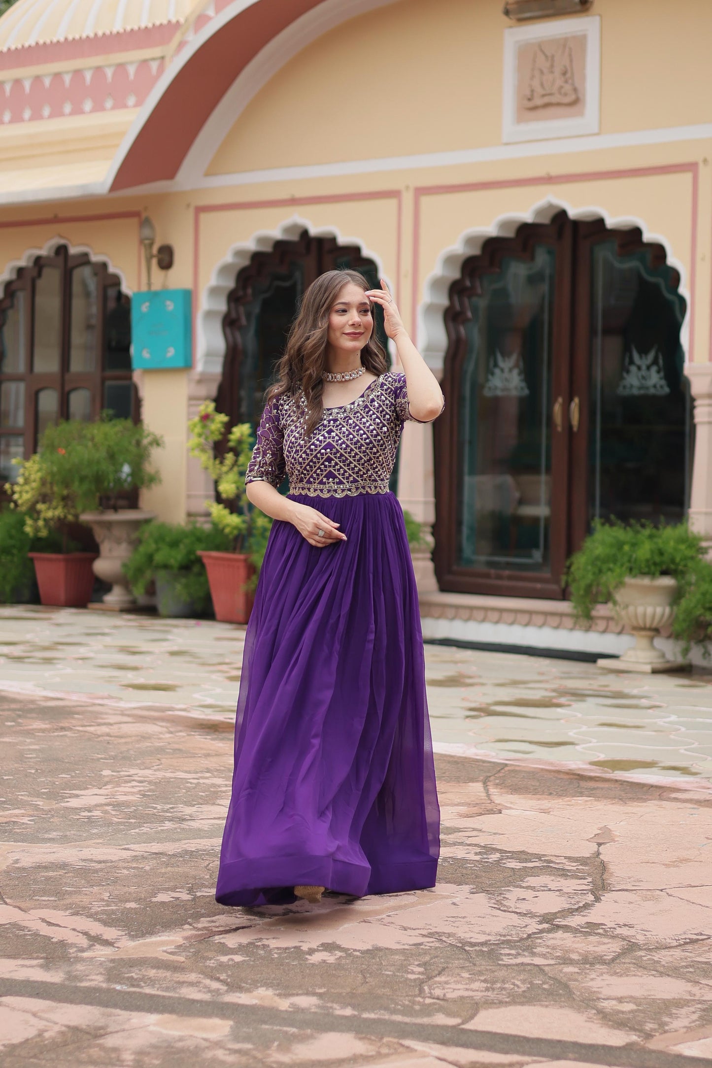 PURPLE COLOR FUX GEORGETTEB ZARI SHINE ANARKALI GOWN