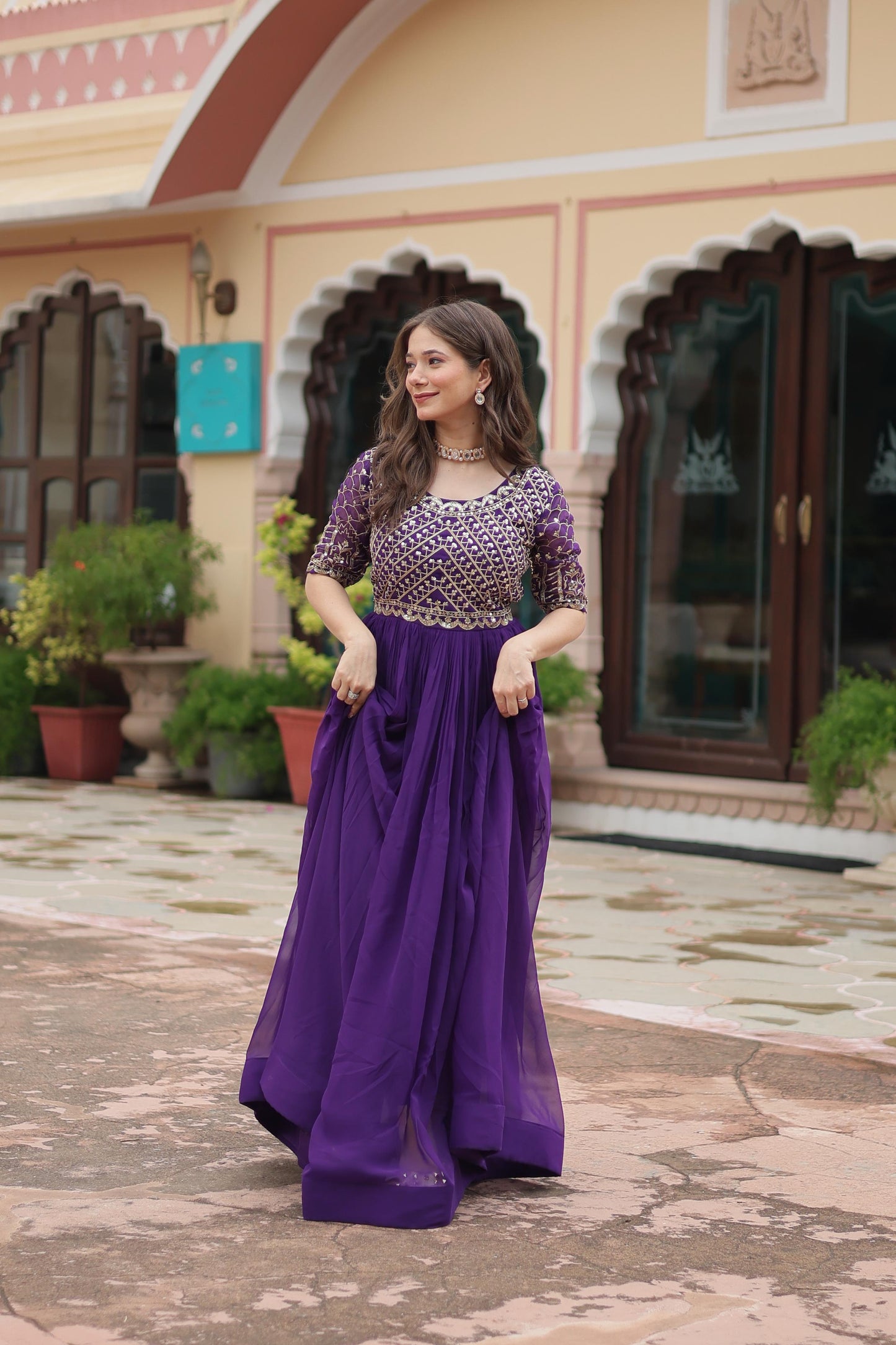PURPLE COLOR FUX GEORGETTEB ZARI SHINE ANARKALI GOWN