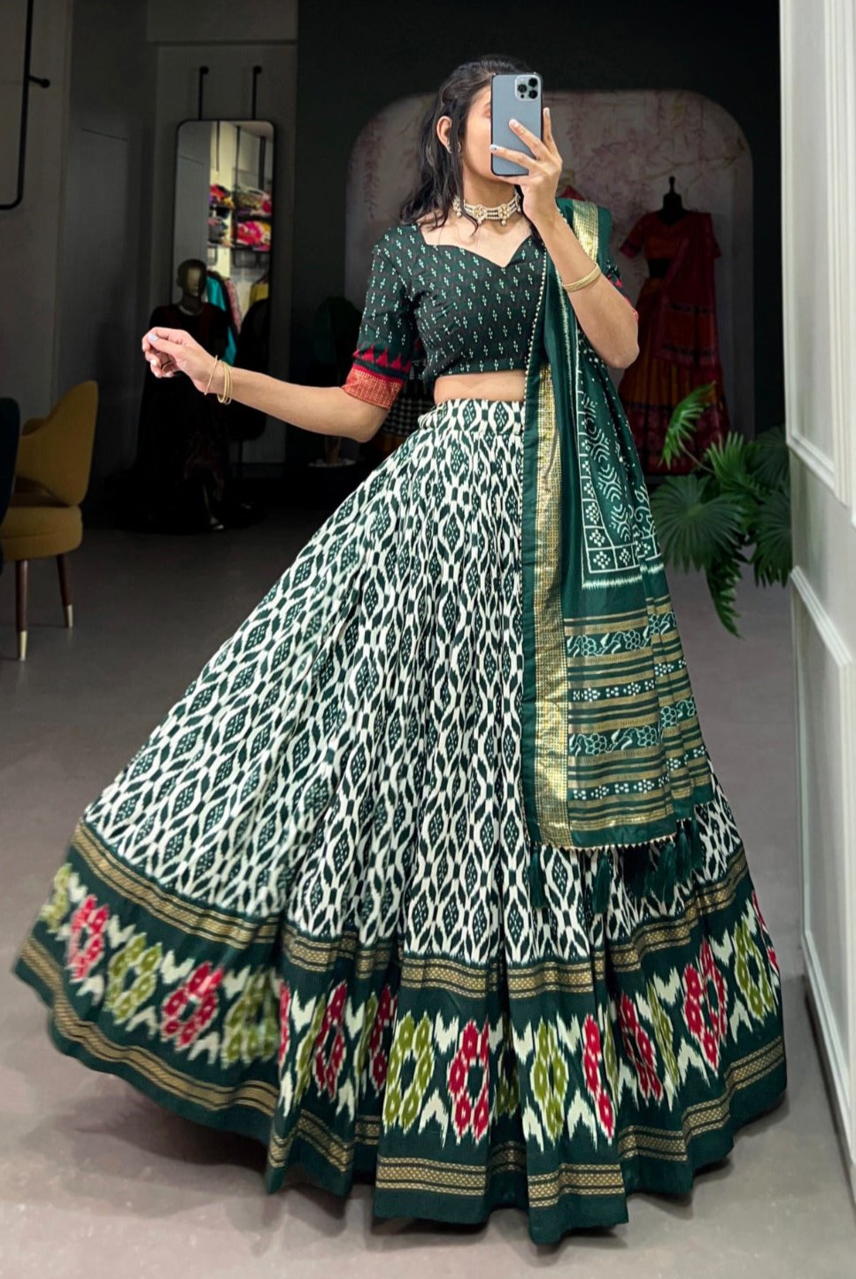 GREEN REDIANT IKKAT  LEHNGA