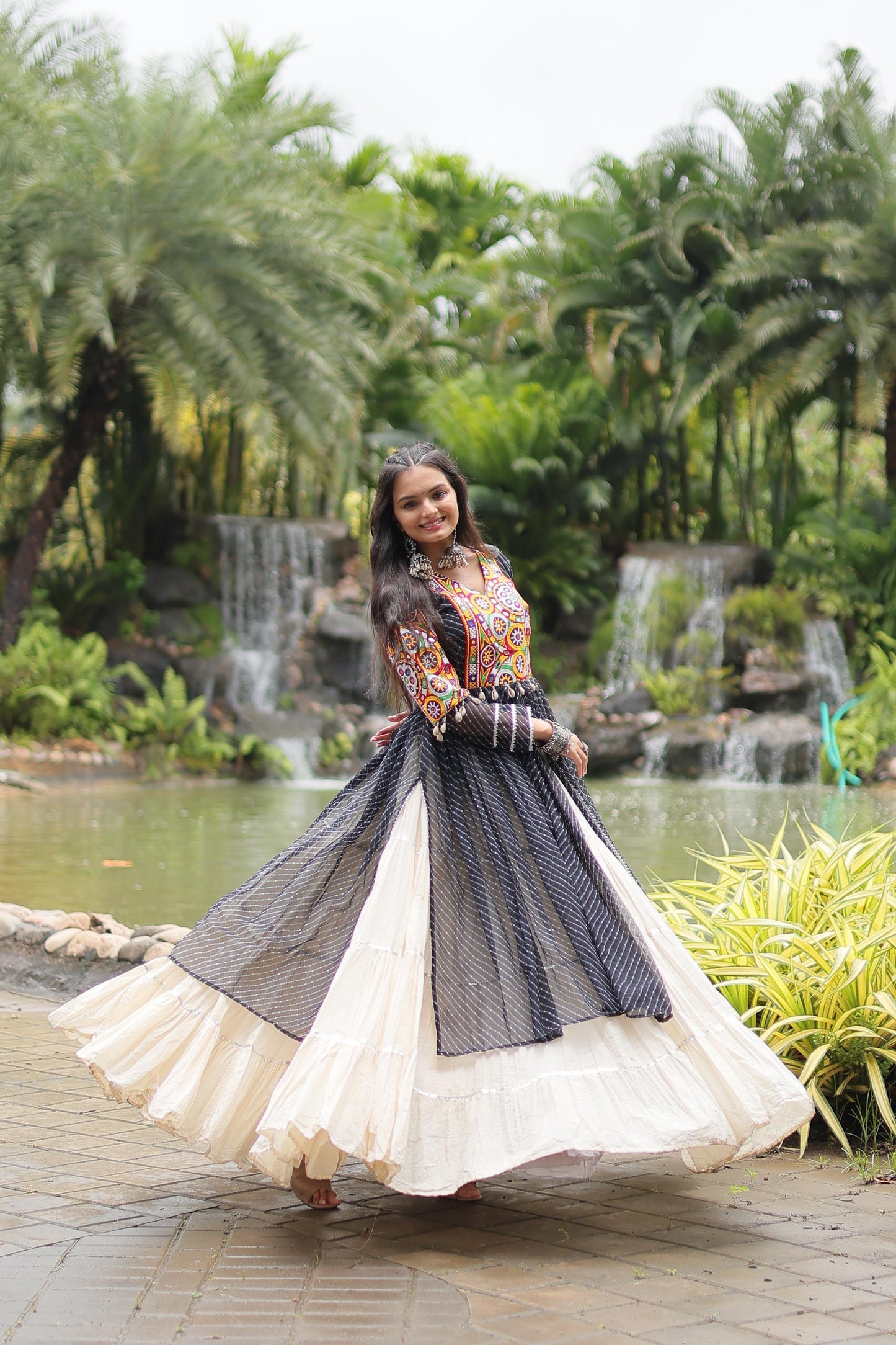 BLACK KORA COTTON NAVRATRI LEHENGA KURTI
