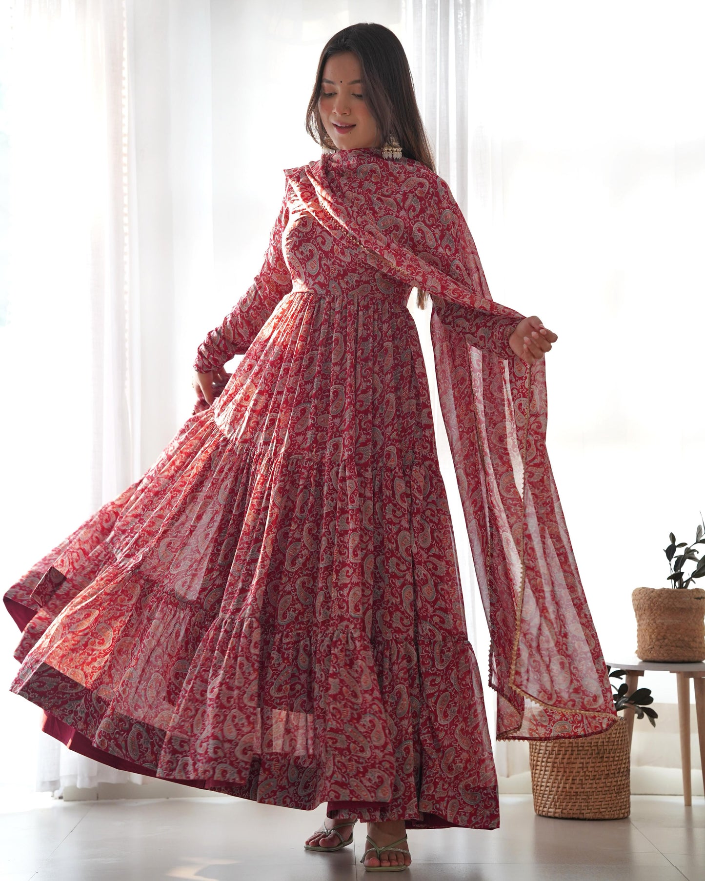 PAISLEY KALAMKARI PRINT MARRON ANARKALI 3PC KURTA SET