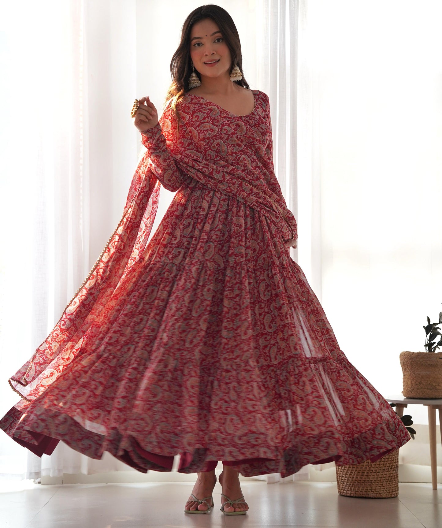 PAISLEY KALAMKARI PRINT MARRON ANARKALI 3PC KURTA SET