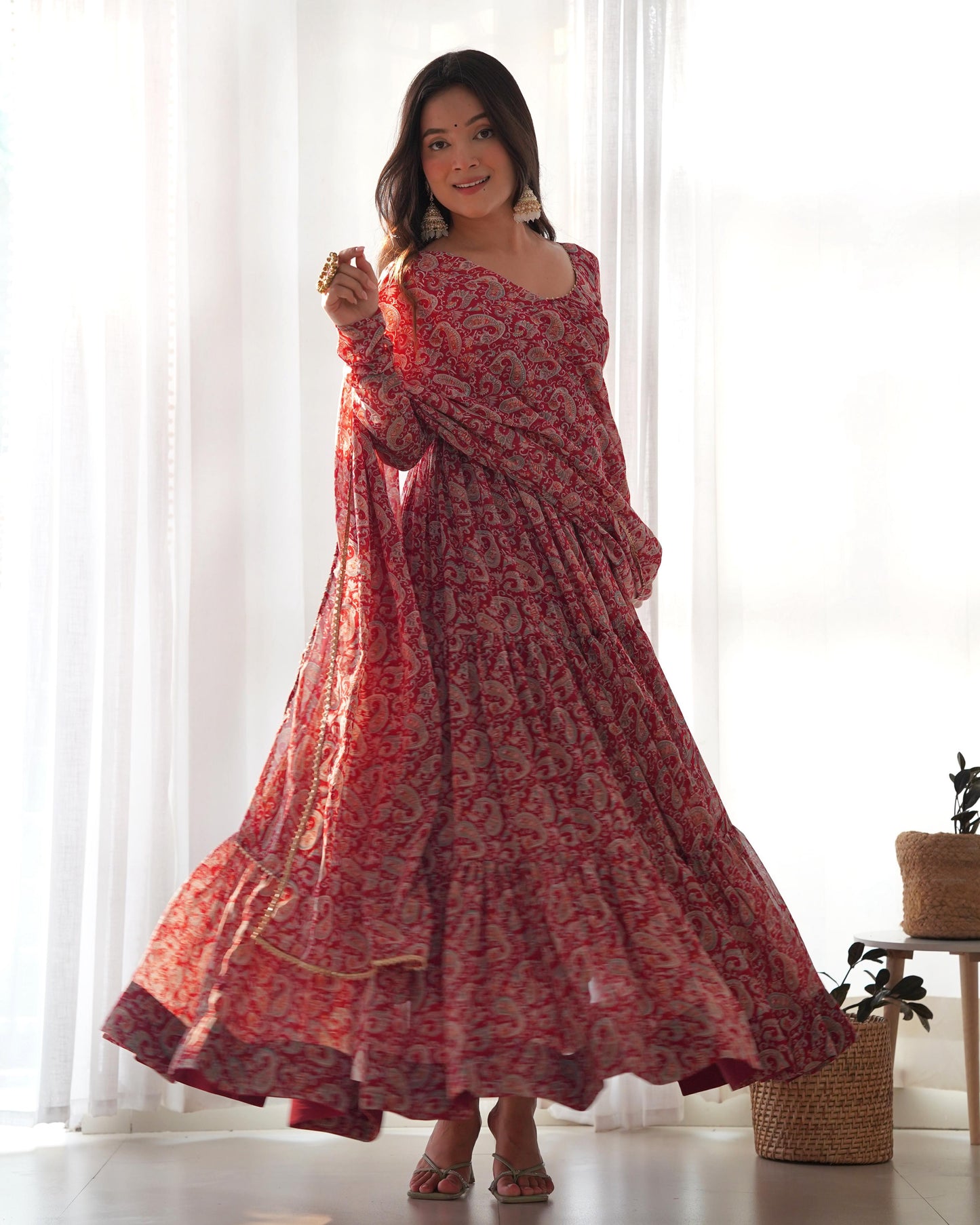 PAISLEY KALAMKARI PRINT MARRON ANARKALI 3PC KURTA SET