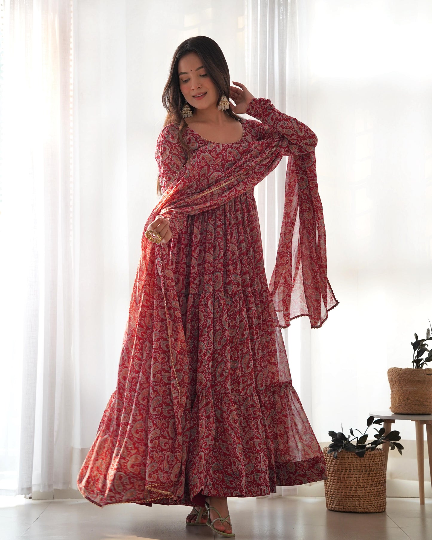 PAISLEY KALAMKARI PRINT MARRON ANARKALI 3PC KURTA SET