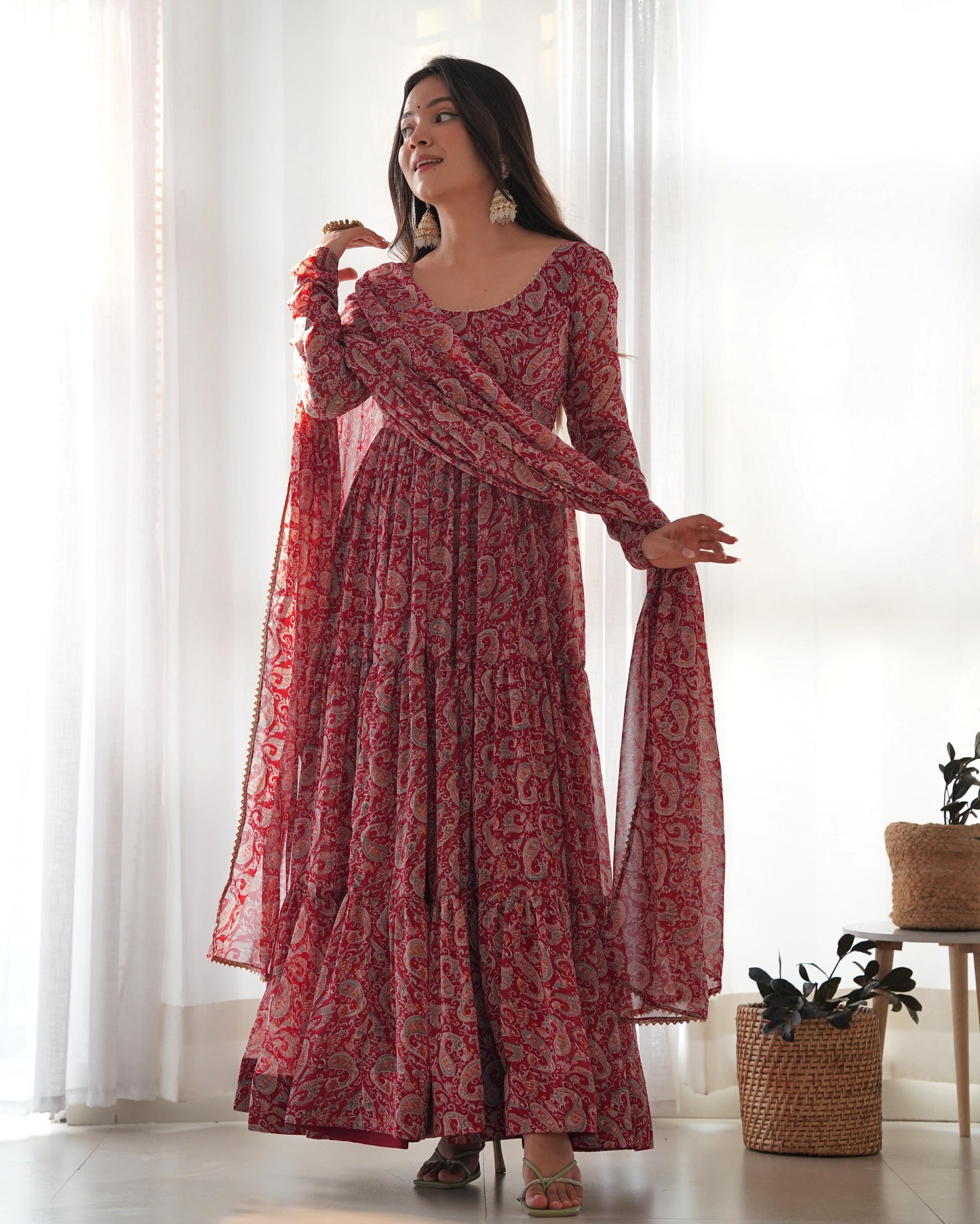 PAISLEY KALAMKARI PRINT MARRON ANARKALI 3PC KURTA SET