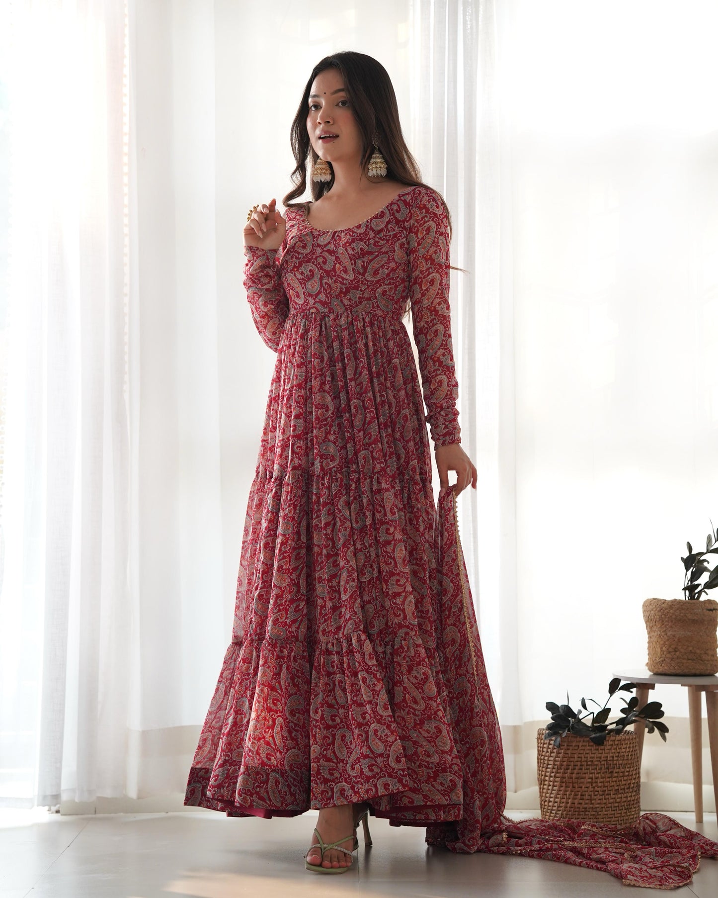 PAISLEY KALAMKARI PRINT MARRON ANARKALI 3PC KURTA SET