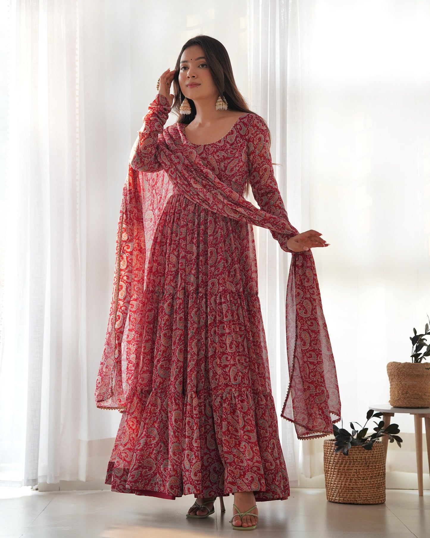PAISLEY KALAMKARI PRINT MARRON ANARKALI 3PC KURTA SET
