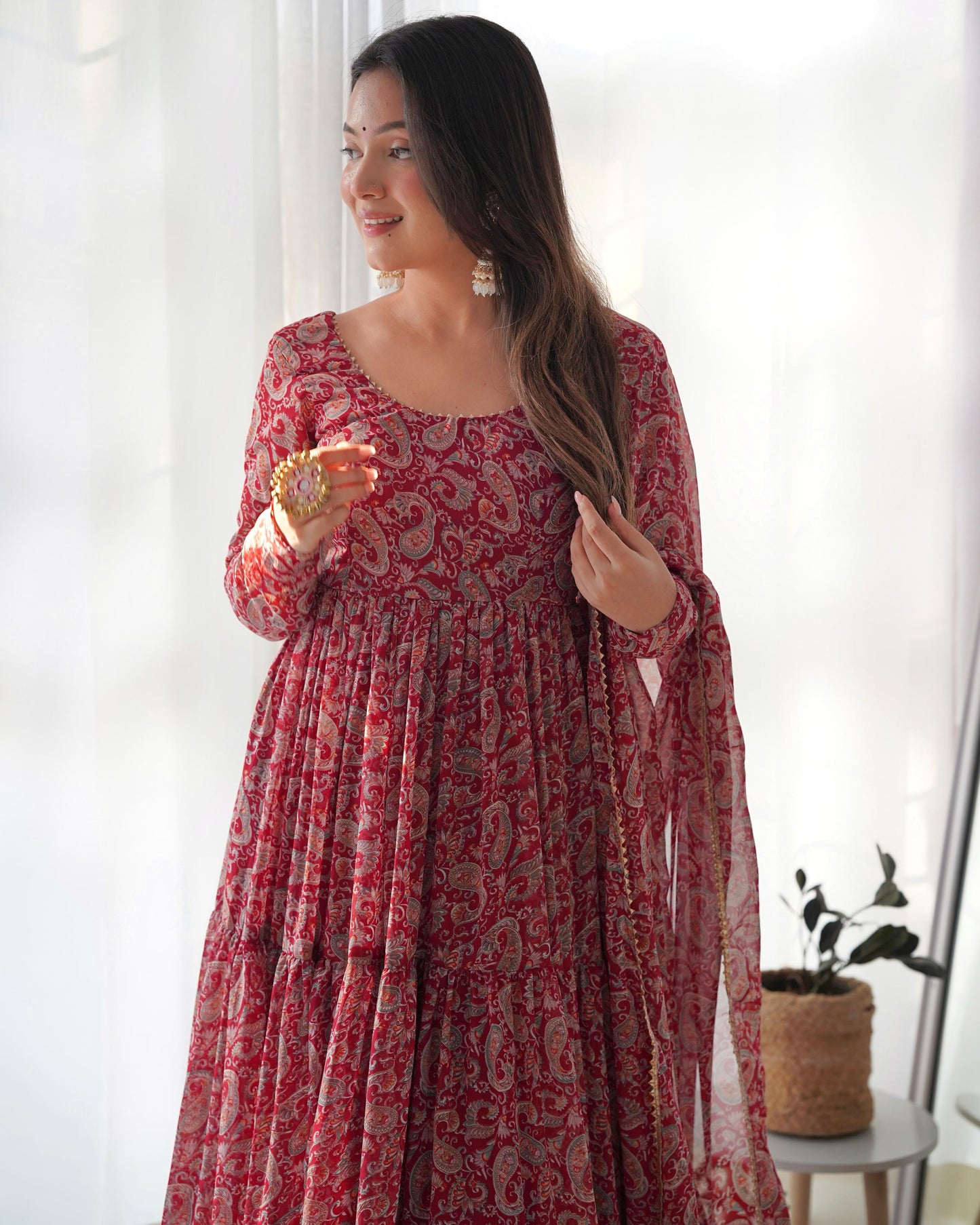 PAISLEY KALAMKARI PRINT MARRON ANARKALI 3PC KURTA SET