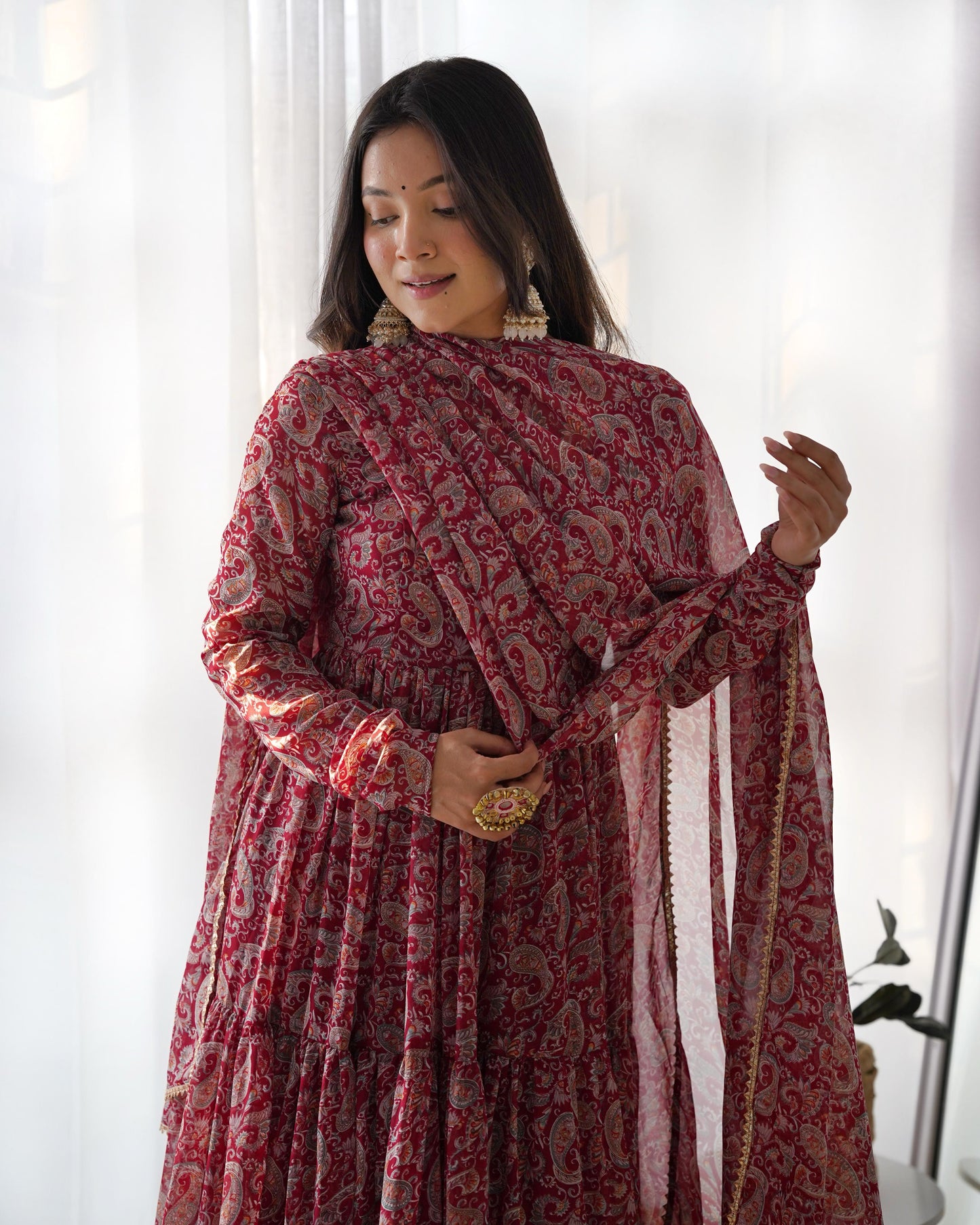PAISLEY KALAMKARI PRINT MARRON ANARKALI 3PC KURTA SET