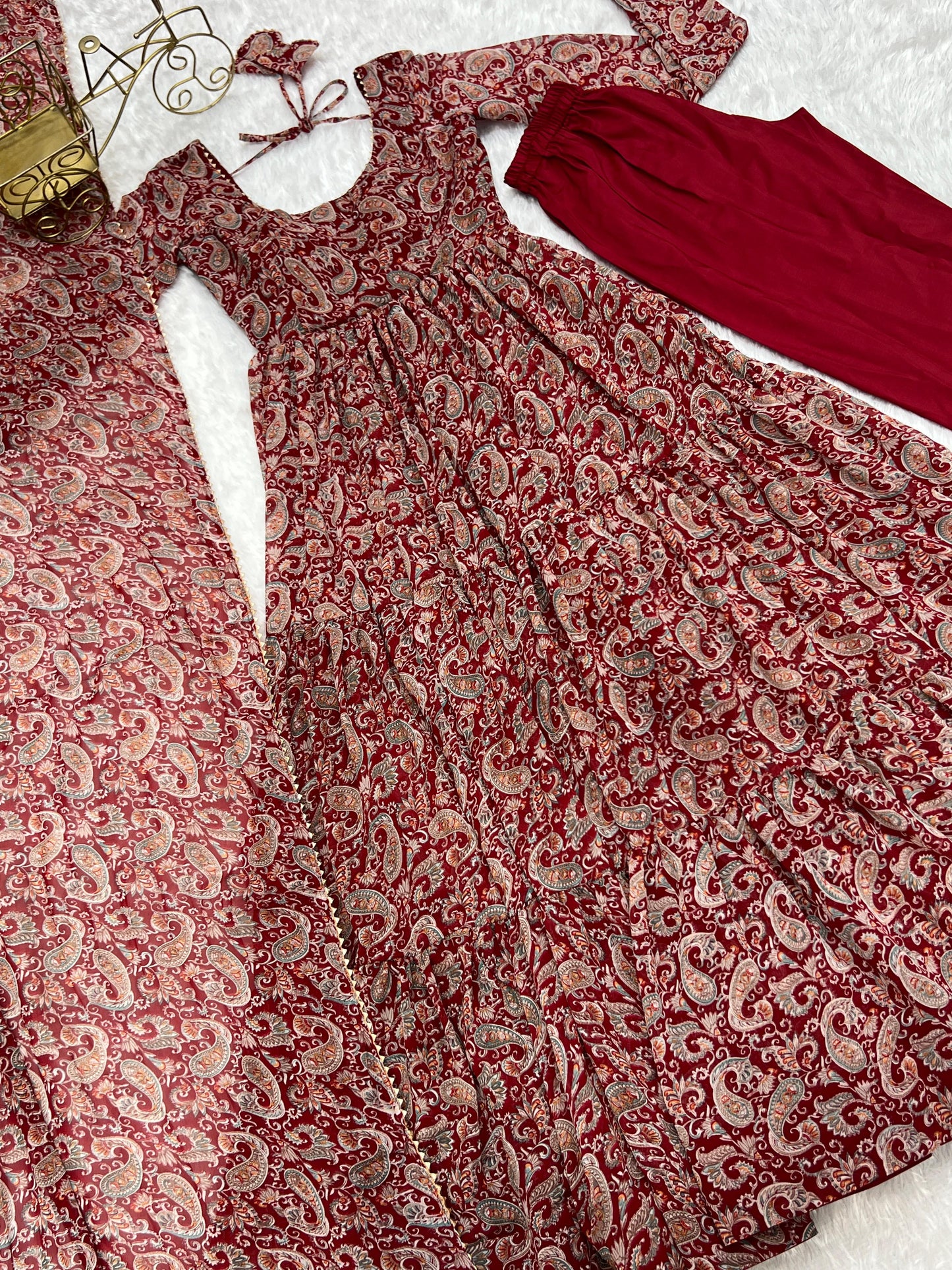 PAISLEY KALAMKARI PRINT MARRON ANARKALI 3PC KURTA SET