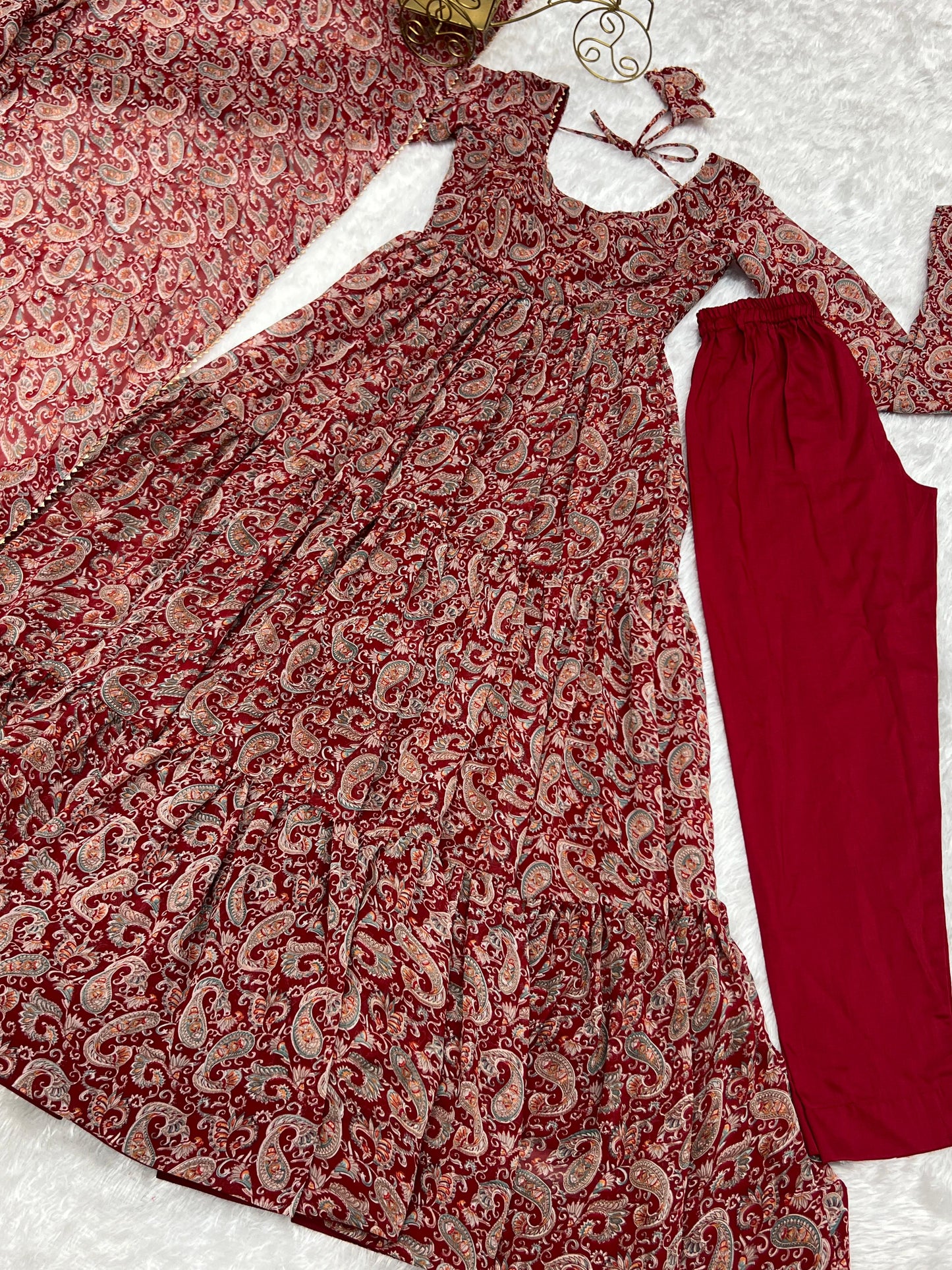PAISLEY KALAMKARI PRINT MARRON ANARKALI 3PC KURTA SET