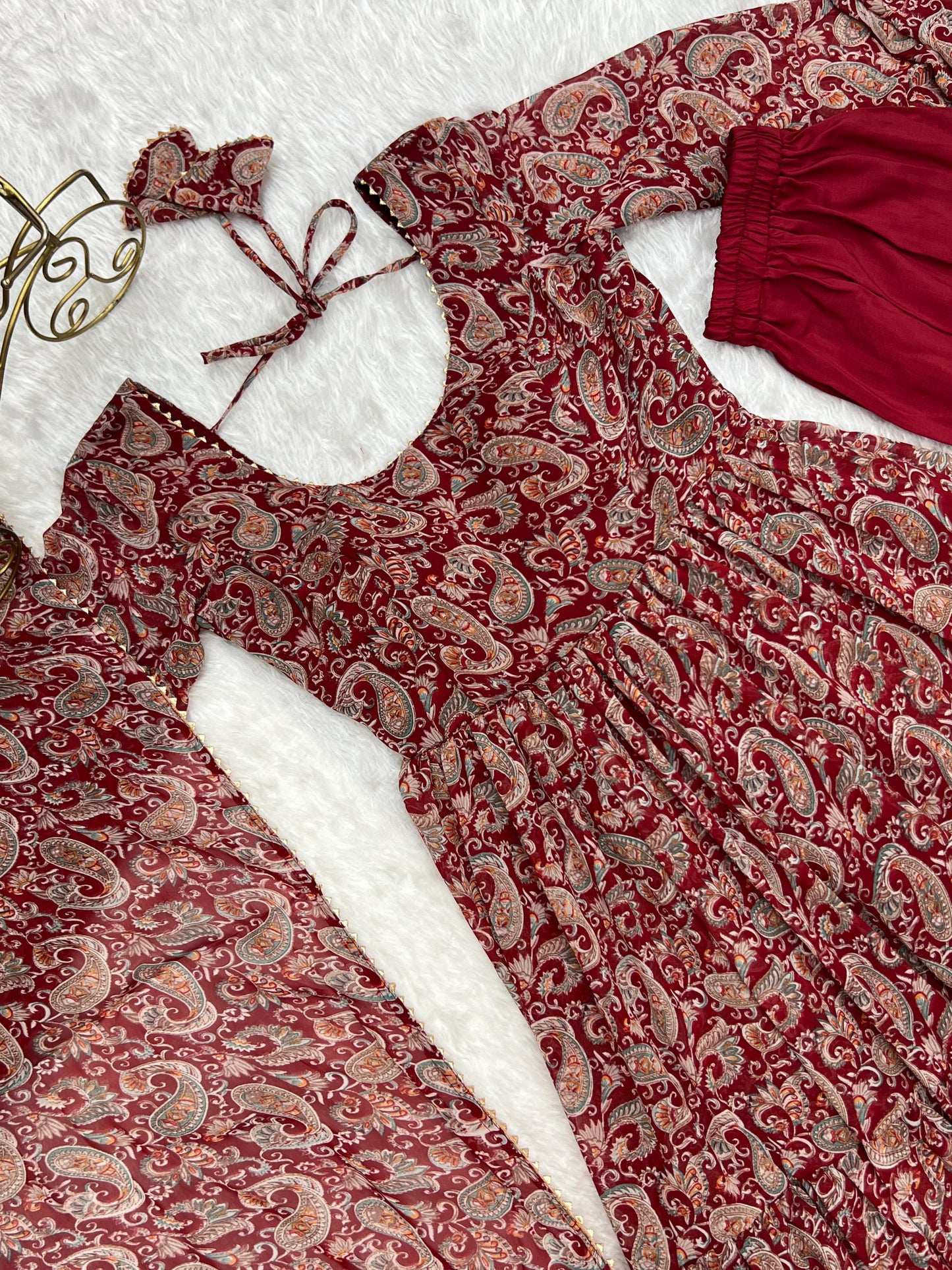 PAISLEY KALAMKARI PRINT MARRON ANARKALI 3PC KURTA SET