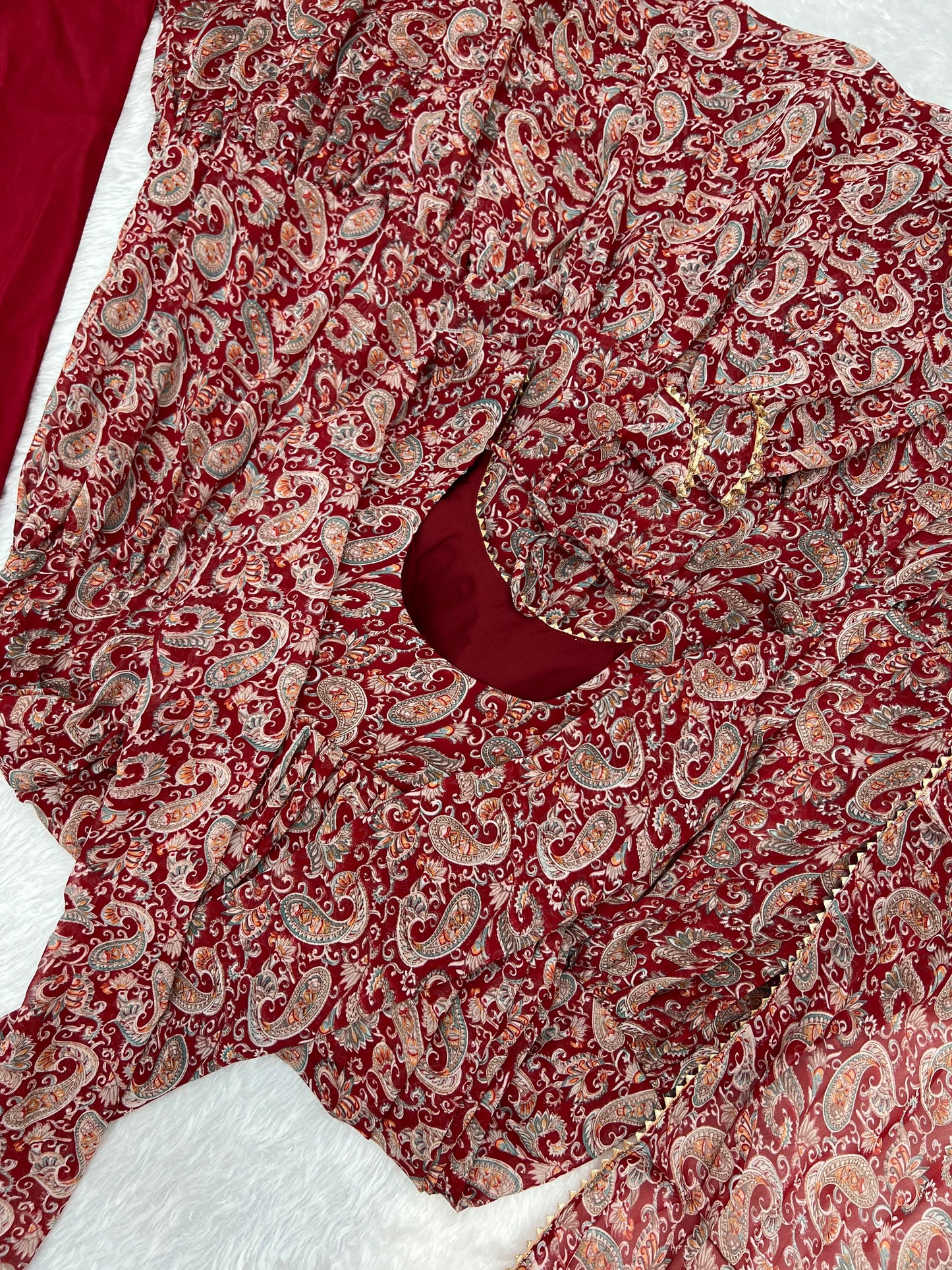 PAISLEY KALAMKARI PRINT MARRON ANARKALI 3PC KURTA SET