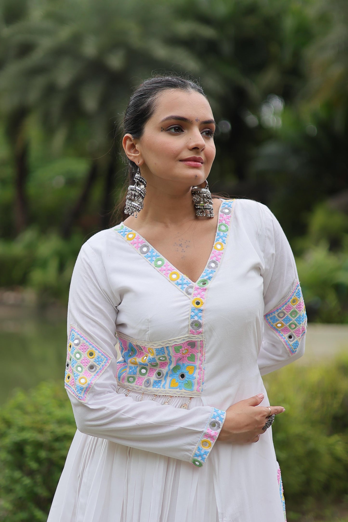 WHATE RAYON WITH KUTCHI GAMTHI LACE NAVARATRI GOWN