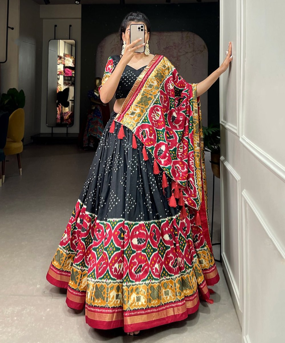 TUSSAR SILK PATOLA PRINT WITH FOIL WORK BLACK COLOR LEHENGA CHOLI