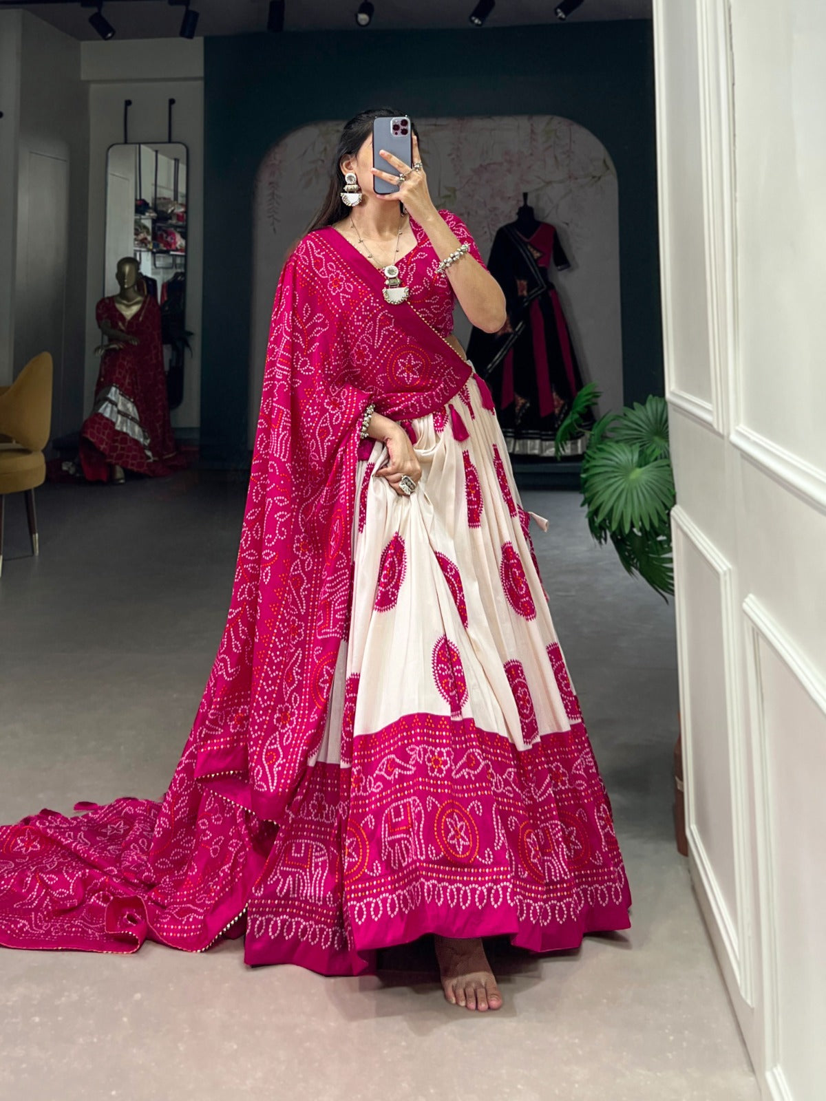 PINK COLOR BANDHEJ PRINT WITH TUSSAR SILK LEHENGA CHOLI