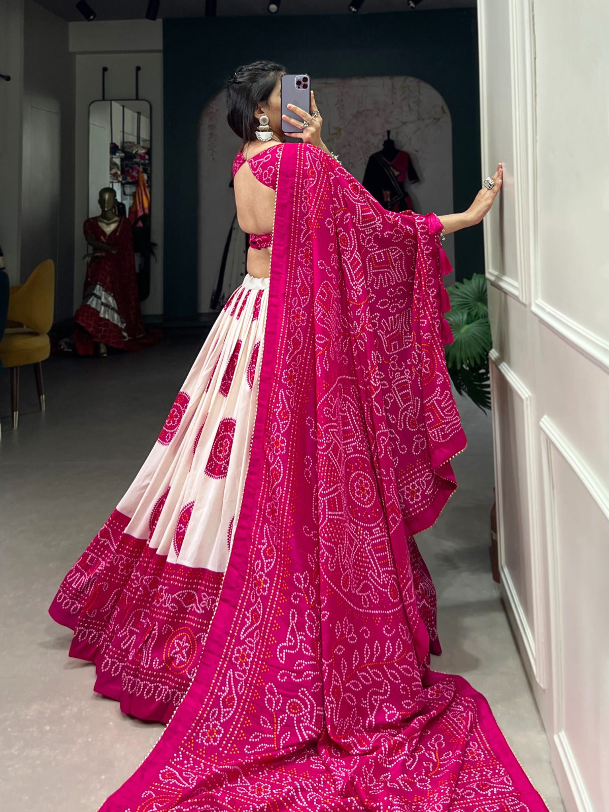 PINK COLOR BANDHEJ PRINT WITH TUSSAR SILK LEHENGA CHOLI