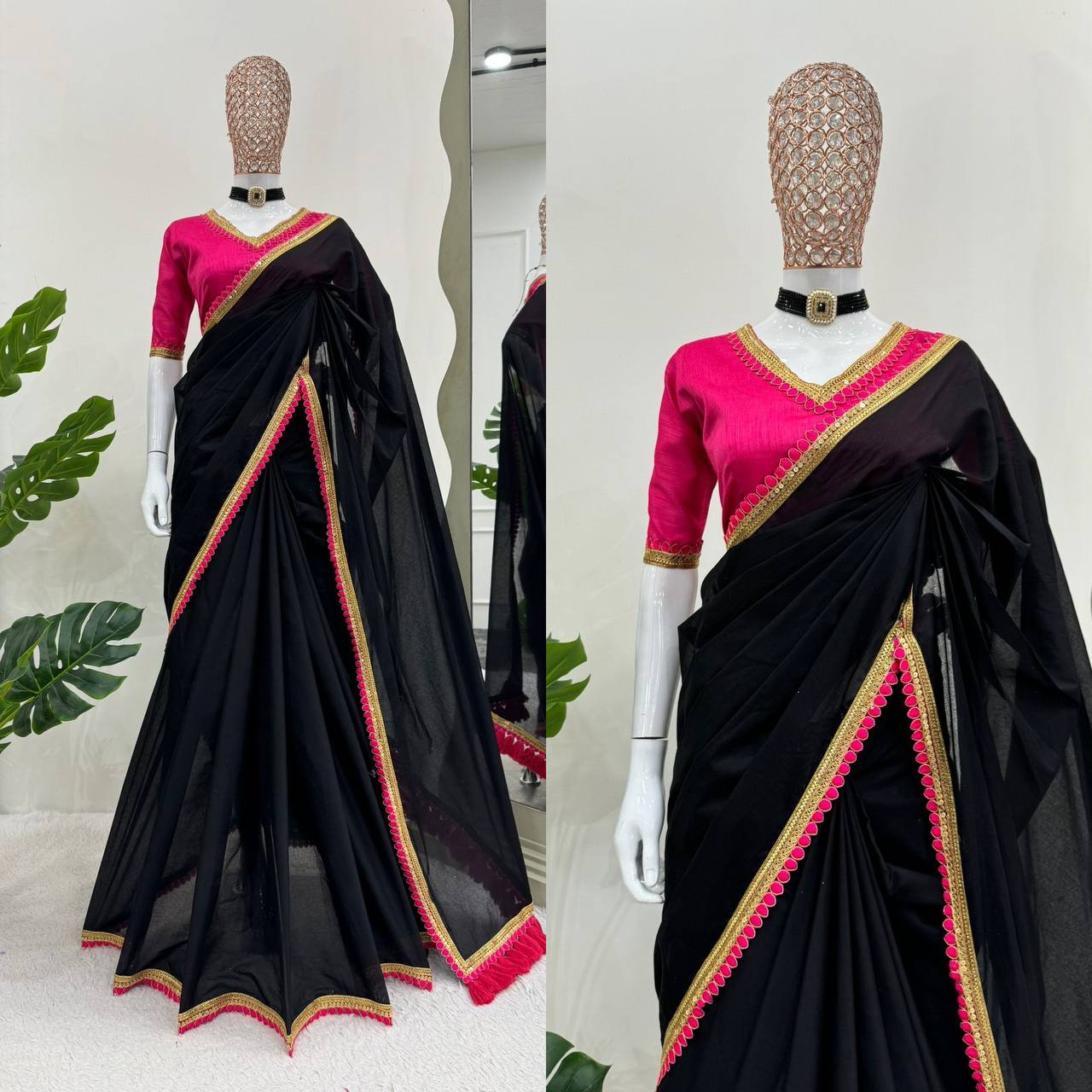 Black &Pink Mul Cotton Saree