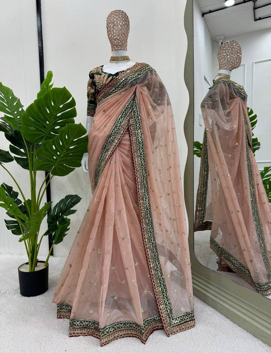 Peach Twill Net Thred Work Saree