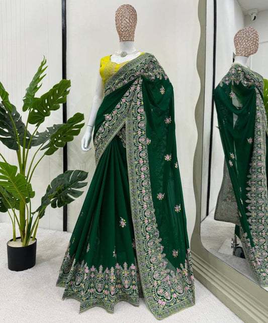 Green Faux Georgette With Piping Saree