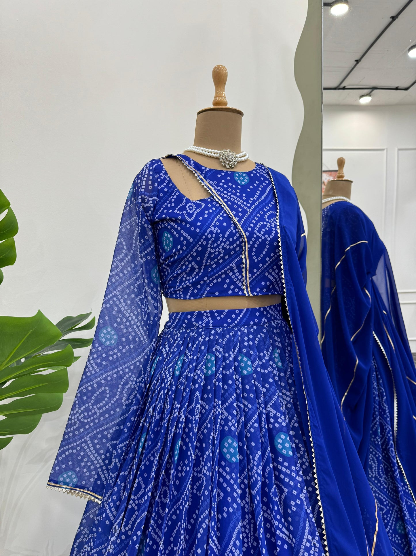 Blue Faux Gorgette Bandhani Print Lehenga