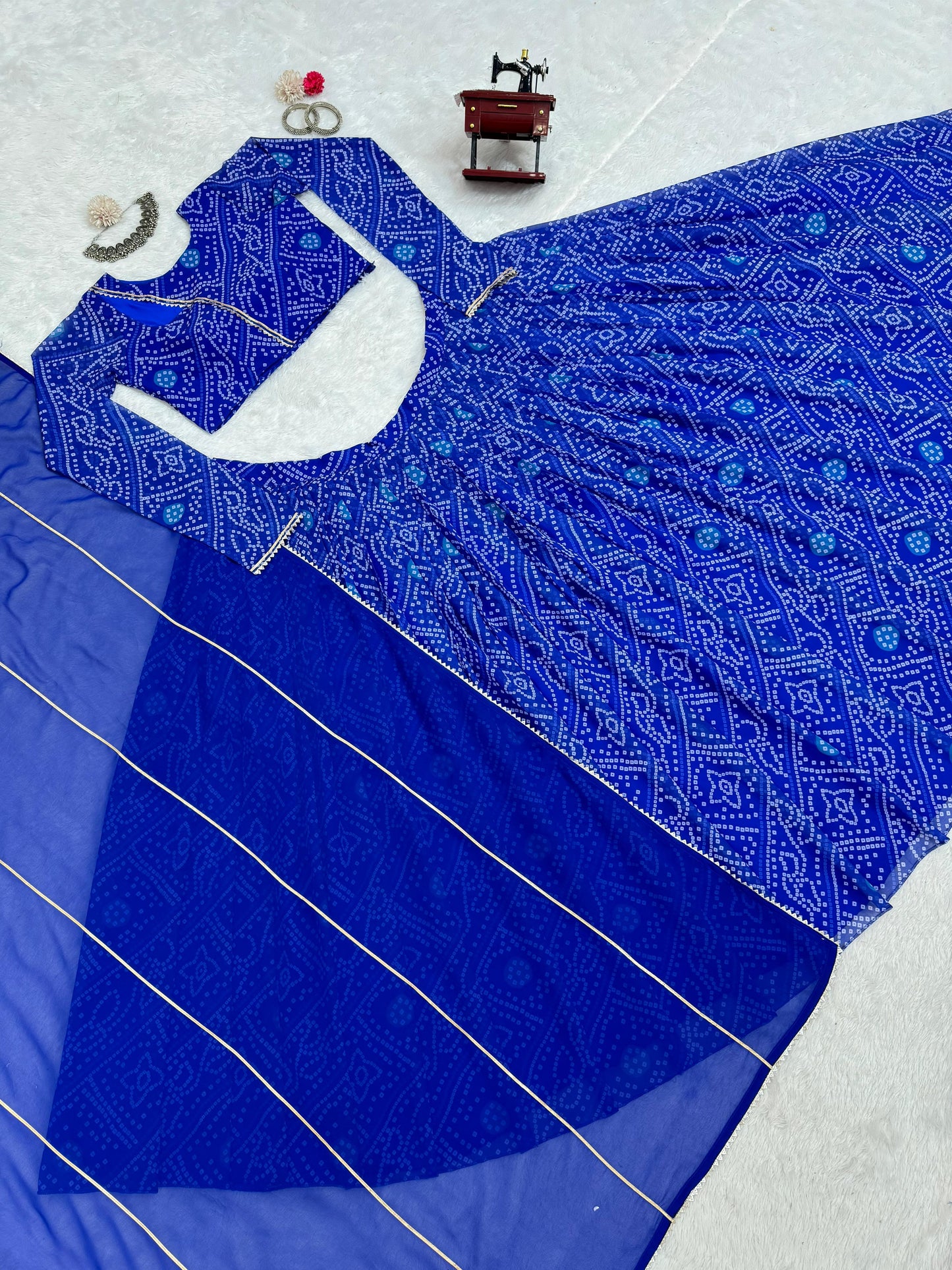 Blue Faux Gorgette Bandhani Print Lehenga