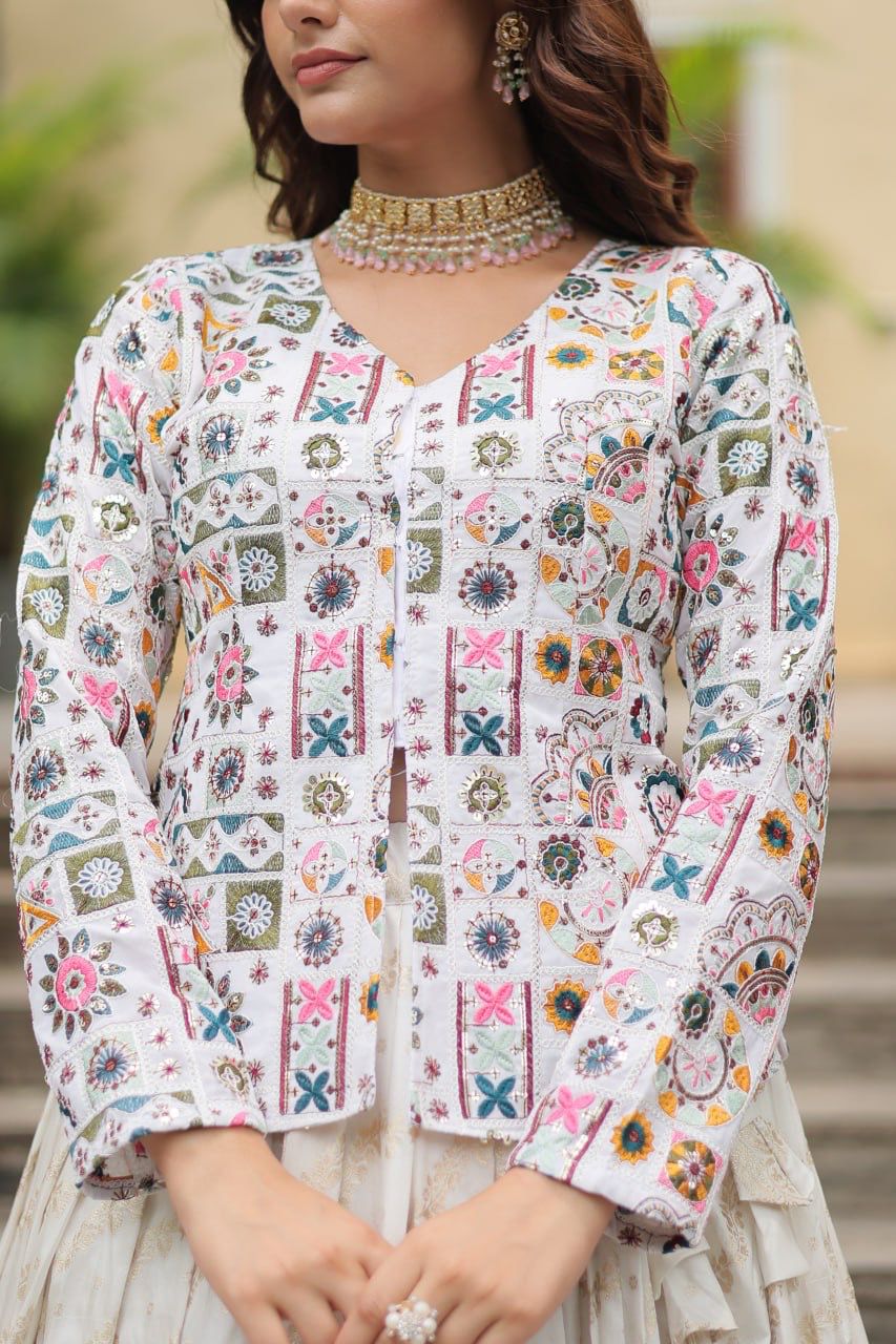 White color Jequard Faux Georgette Thread-Sequins Work Lehenga Top