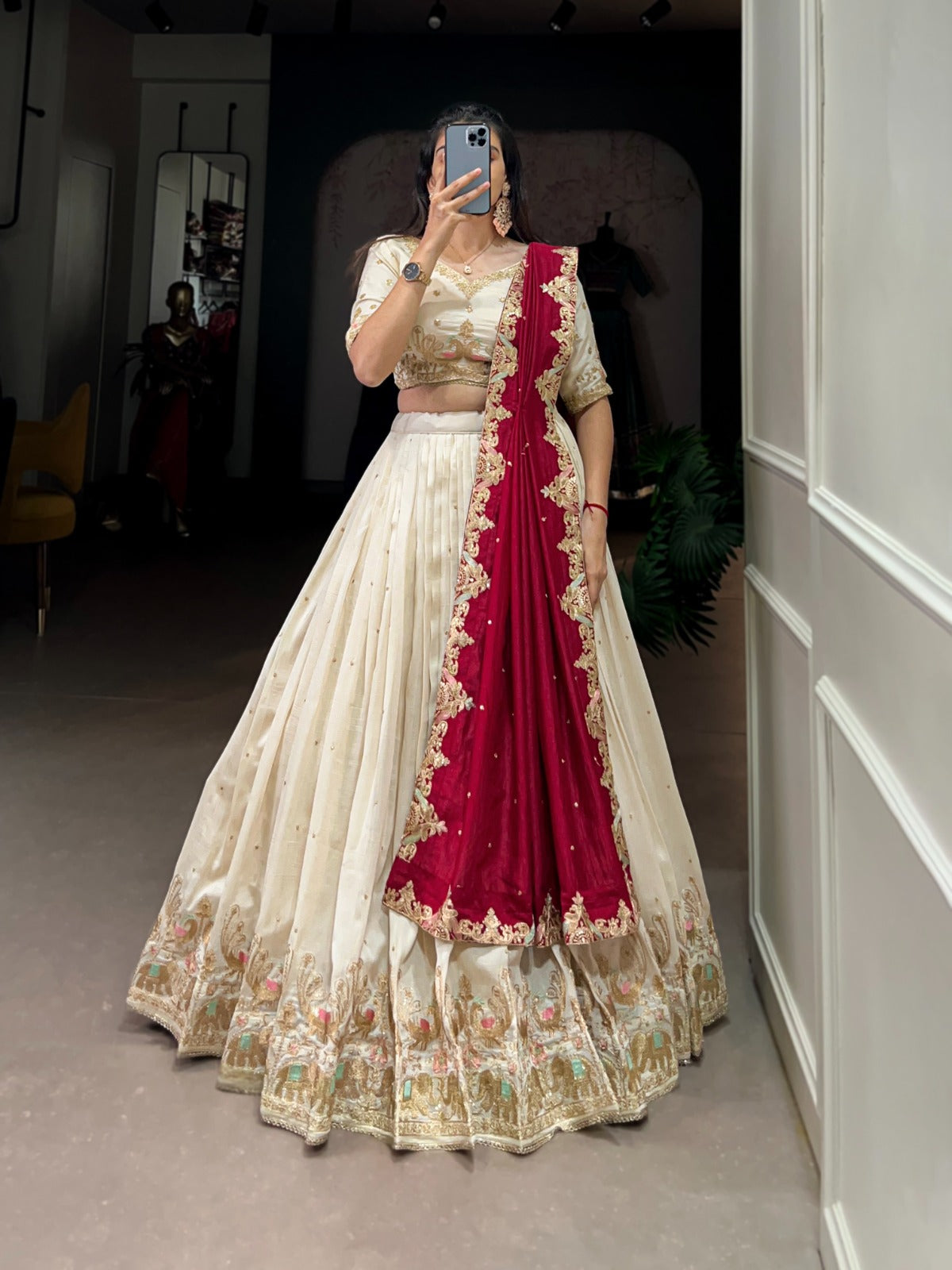 Sequins and Thread Embroidery With  Vichitra Silk Lehenga