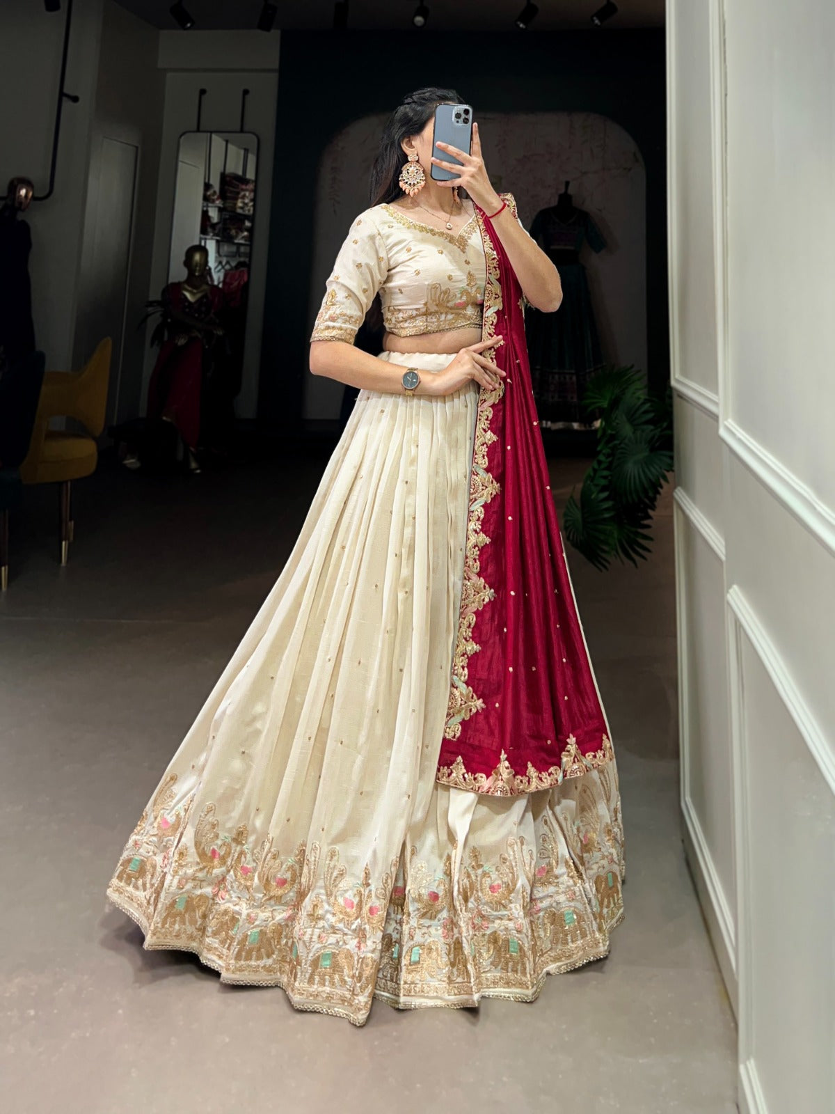 Sequins and Thread Embroidery With  Vichitra Silk Lehenga