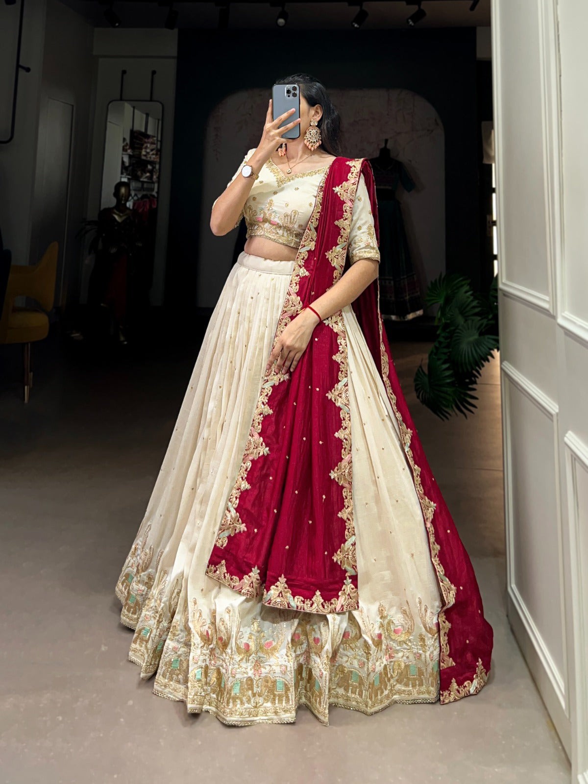 Sequins and Thread Embroidery With  Vichitra Silk Lehenga