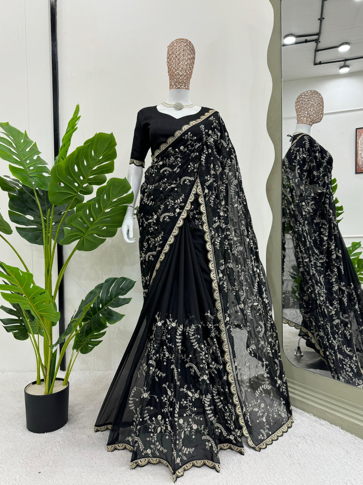 Black Heavy Tibby Silk With Coding Work Saree