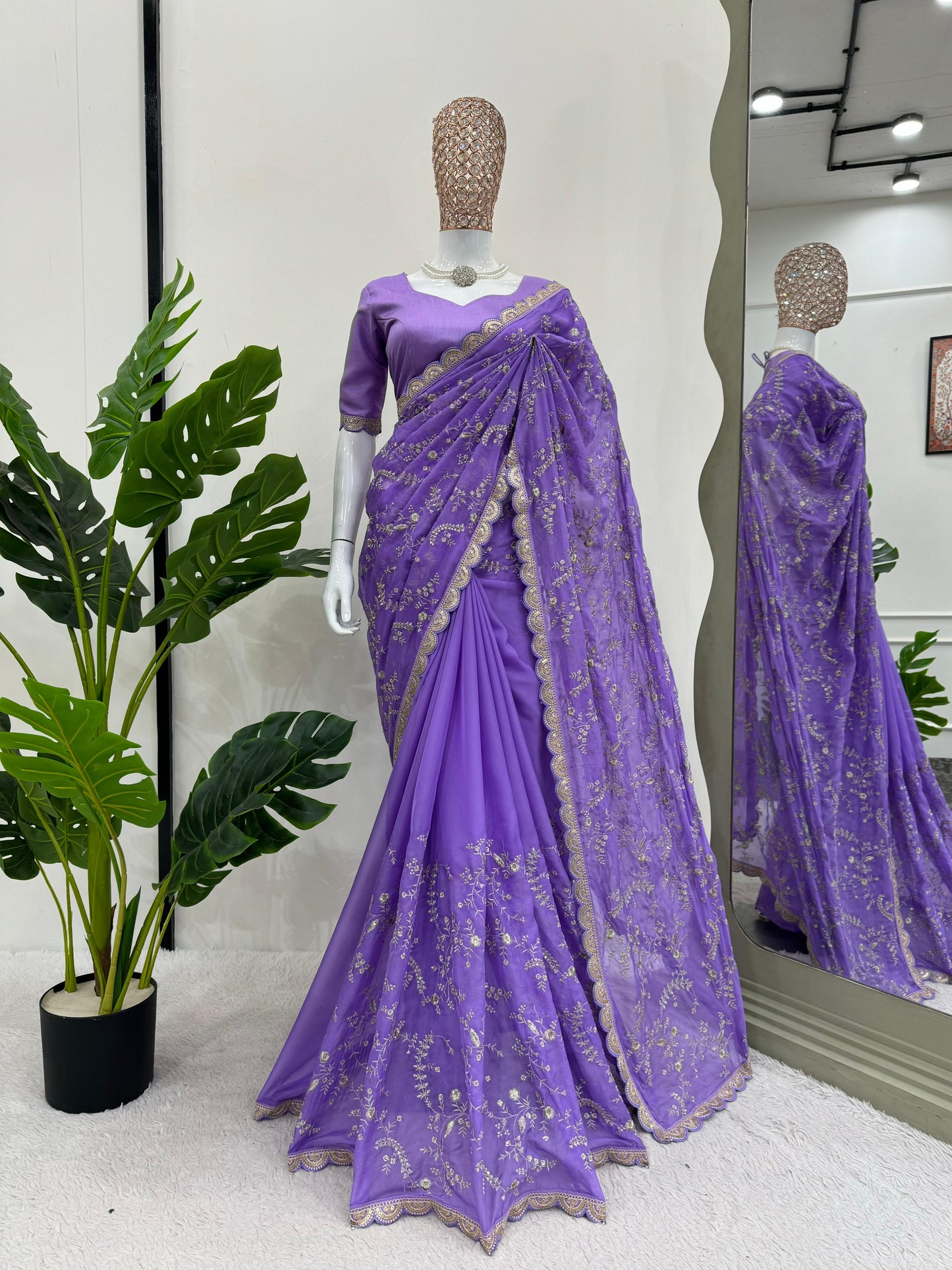 Lavender Heavy  Tibby Silk With Coding Work Saree