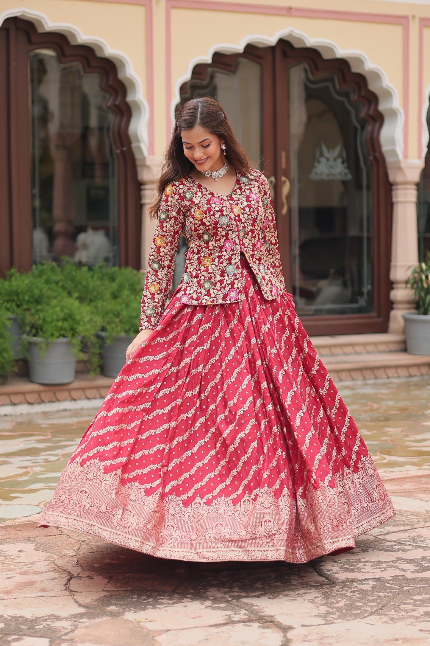 Pure Viscose Jequard With Embroidered Work Lehenga With Top