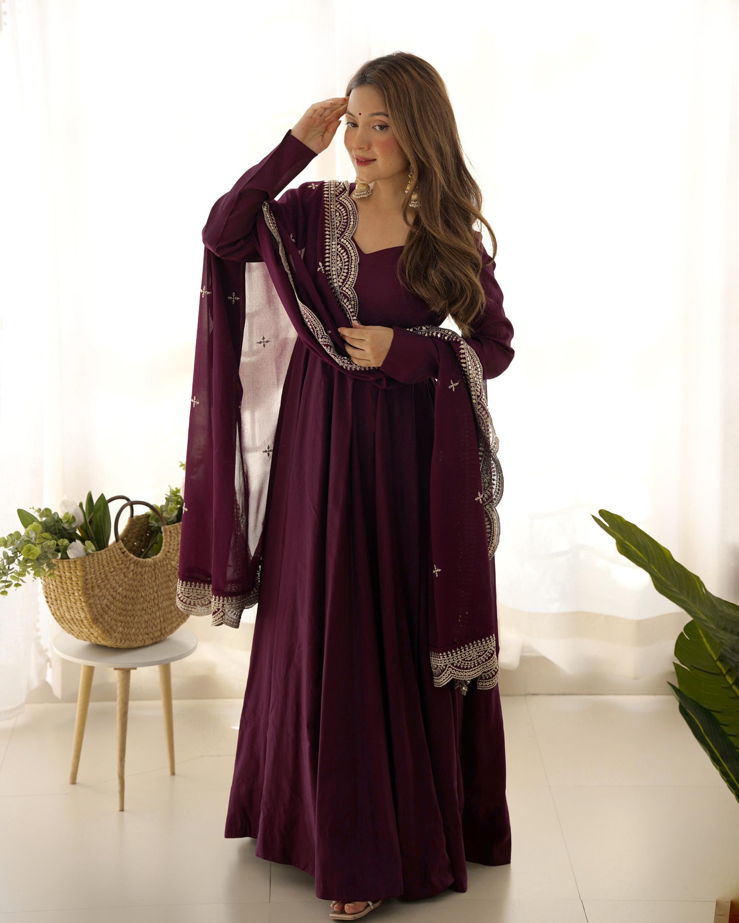Wine Heavy pure Chanderi Romansilk 3pc Anarkali Gown Set