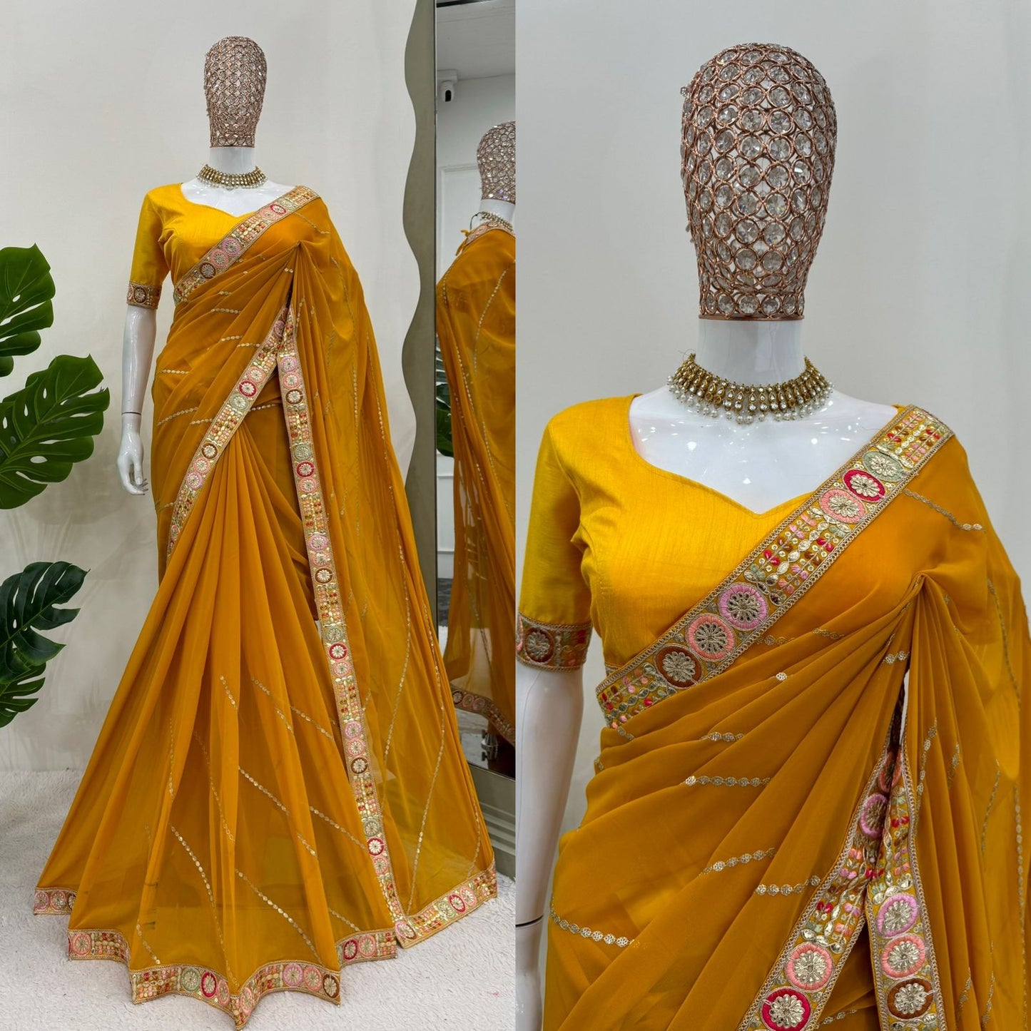Yellow Faux Georgette With Coding Embroidery Work Saree