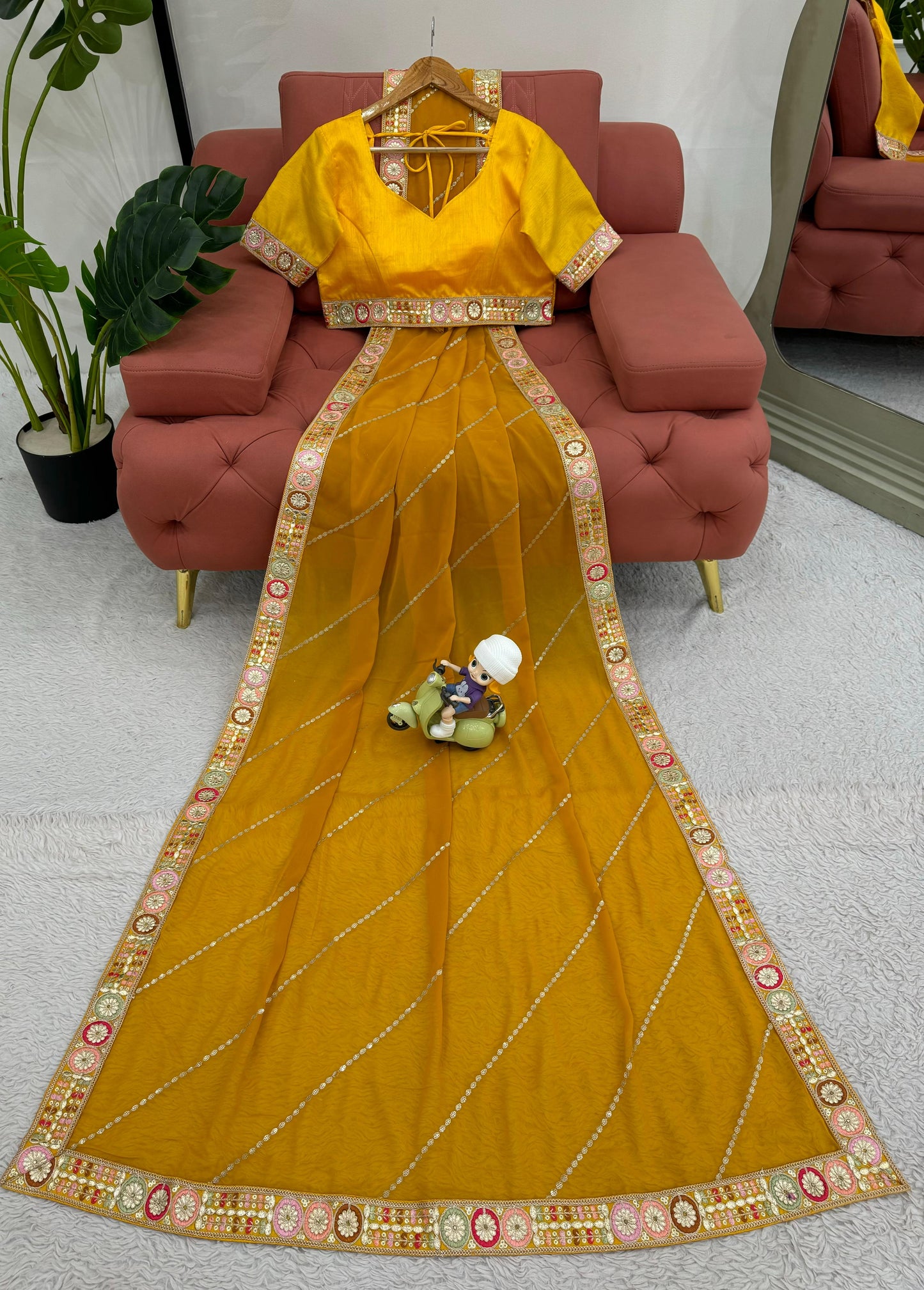 Yellow Faux Georgette With Coding Embroidery Work Saree