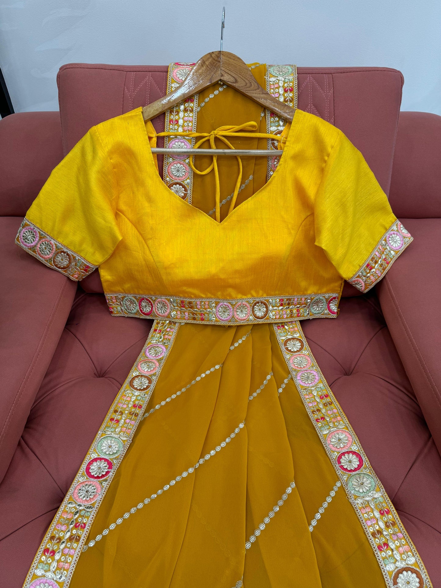 Yellow Faux Georgette With Coding Embroidery Work Saree