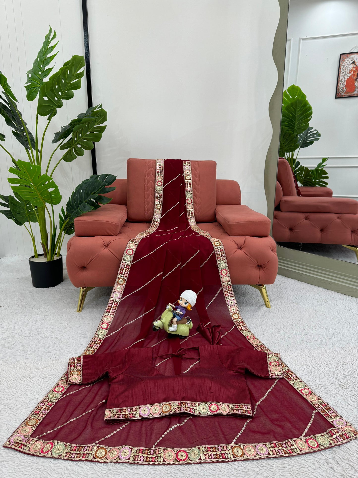 Maroon Faux Georgette With Coding Embroidery Work Saree