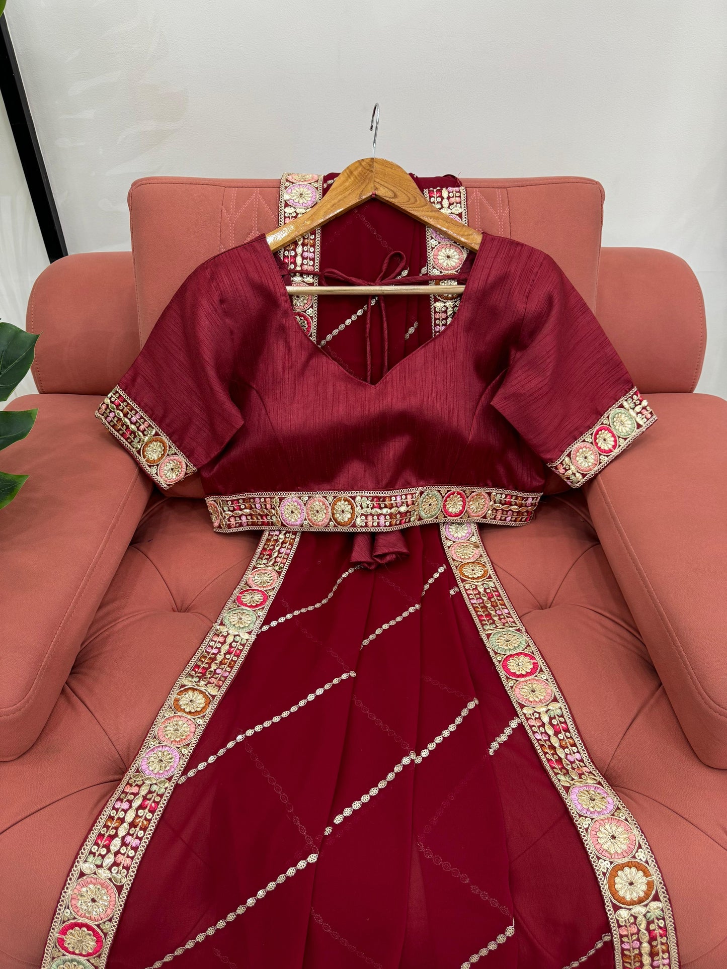 Maroon Faux Georgette With Coding Embroidery Work Saree