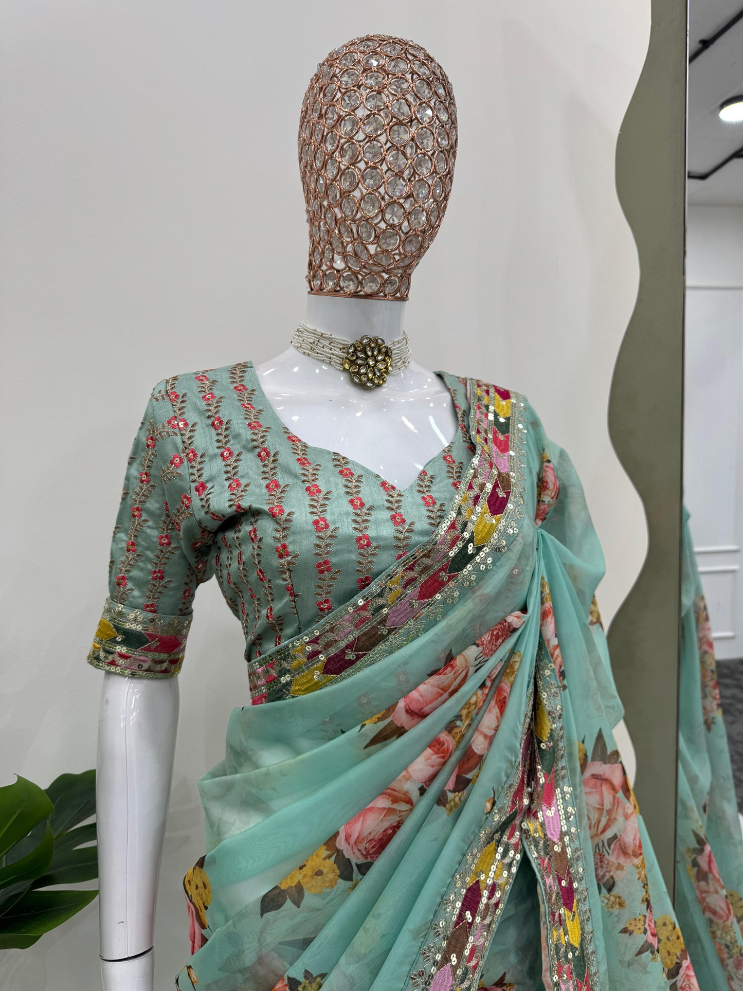 Green Tibby Silk With  Thread Sequins Embroidery Saree