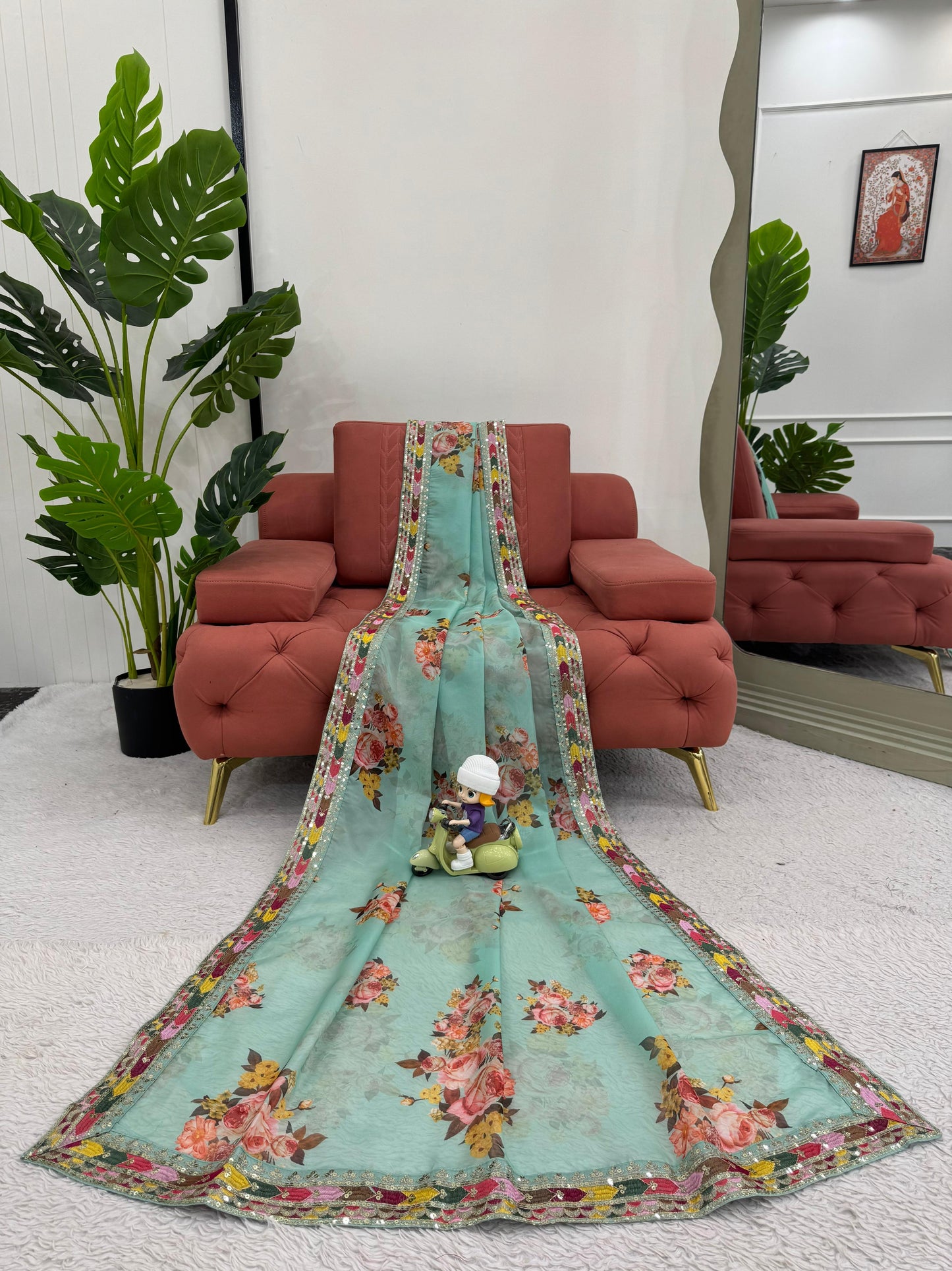 Green Tibby Silk With  Thread Sequins Embroidery Saree