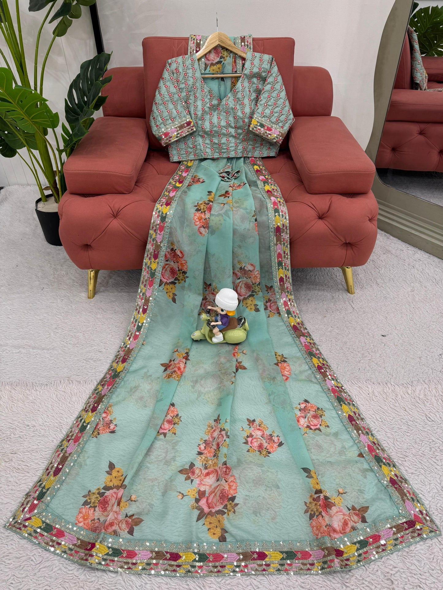 Green Tibby Silk With  Thread Sequins Embroidery Saree