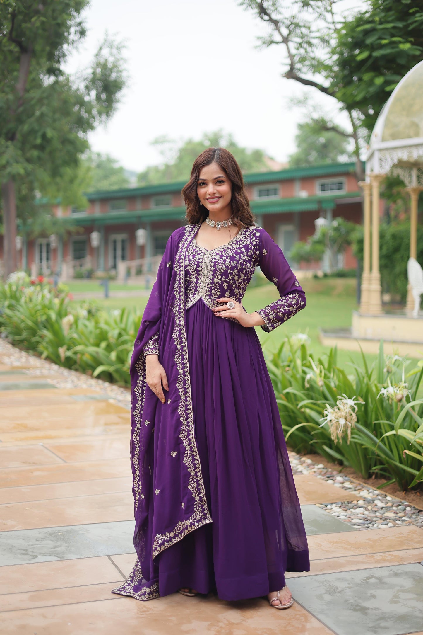 Faux Blooming Multi & Zari Embroidered Work Gown With Dupatta