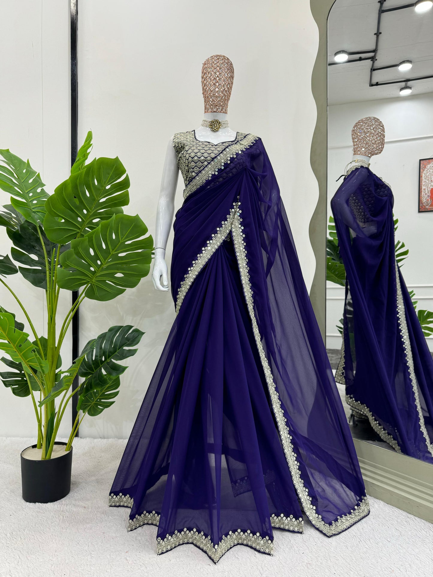 Dark Blue Heavy Georgette With Embroidery Saree